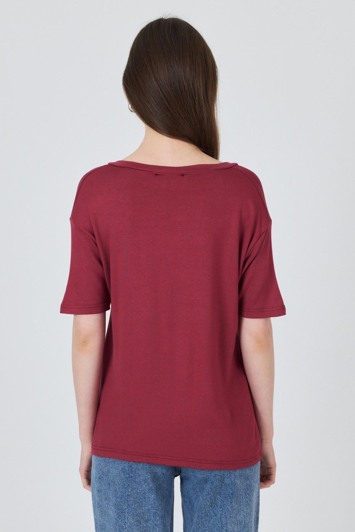 Bordo V Yaka Viskoz/Yumuşak Kumaş Dökümlü Tişört 3077 - 5