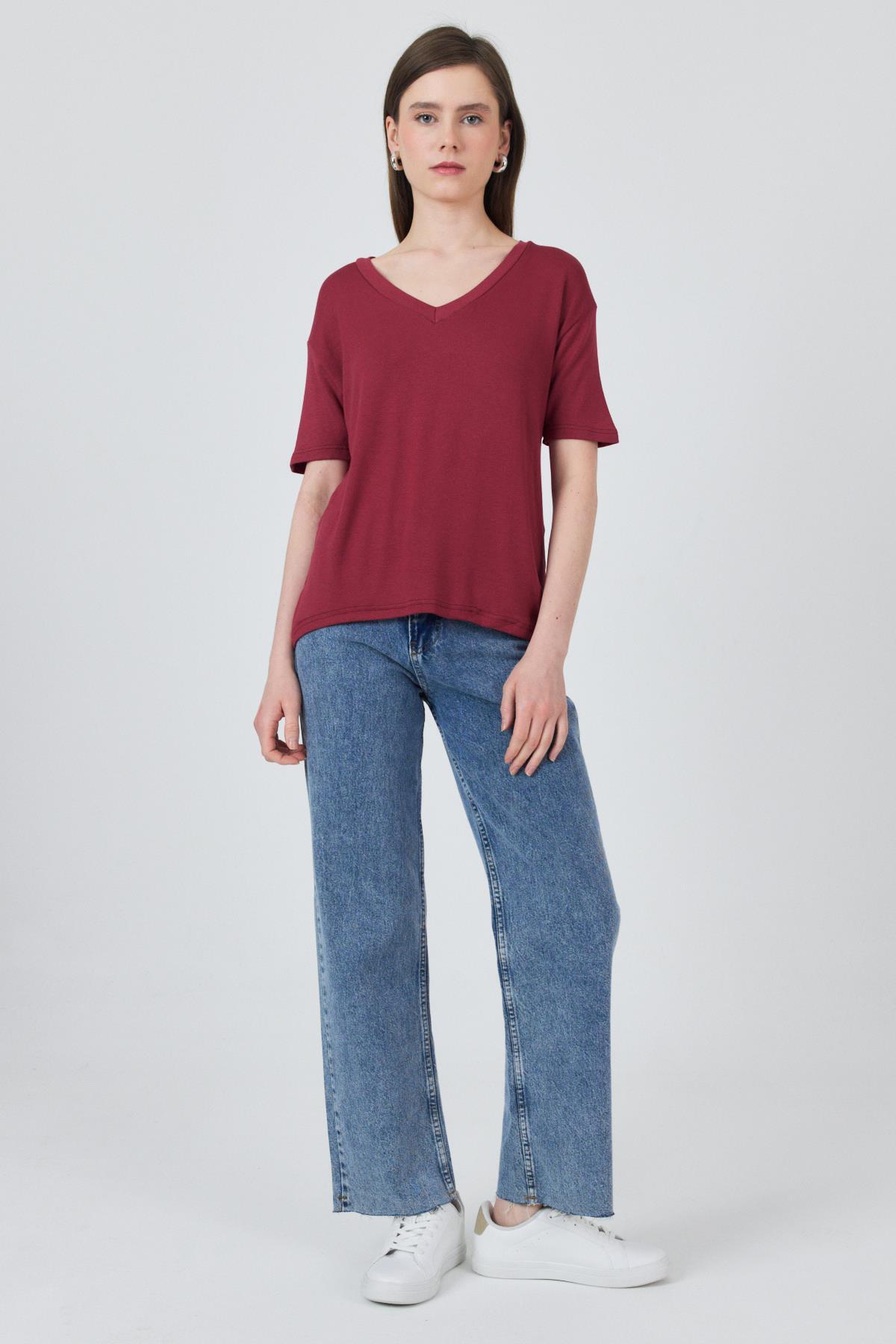 Bordo V Yaka Viskoz/Yumuşak Kumaş Dökümlü Tişört 3077 - 6