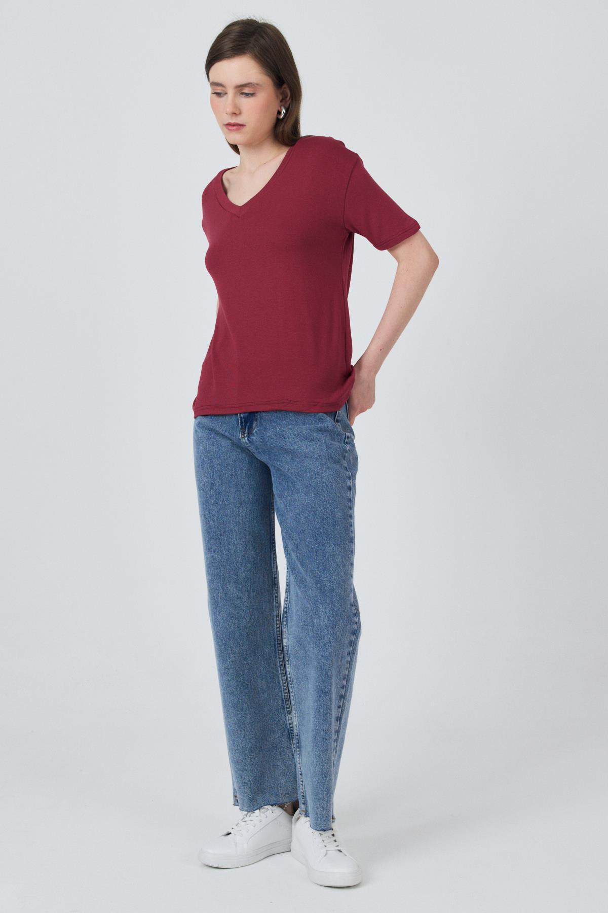 Bordo V Yaka Viskoz/Yumuşak Kumaş Dökümlü Tişört 3077 - RAYS