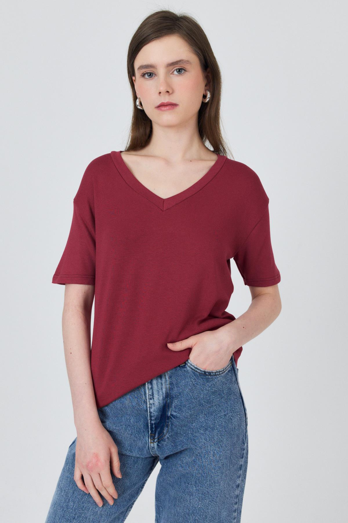 Bordo V Yaka Viskoz/Yumuşak Kumaş Dökümlü Tişört 3077 