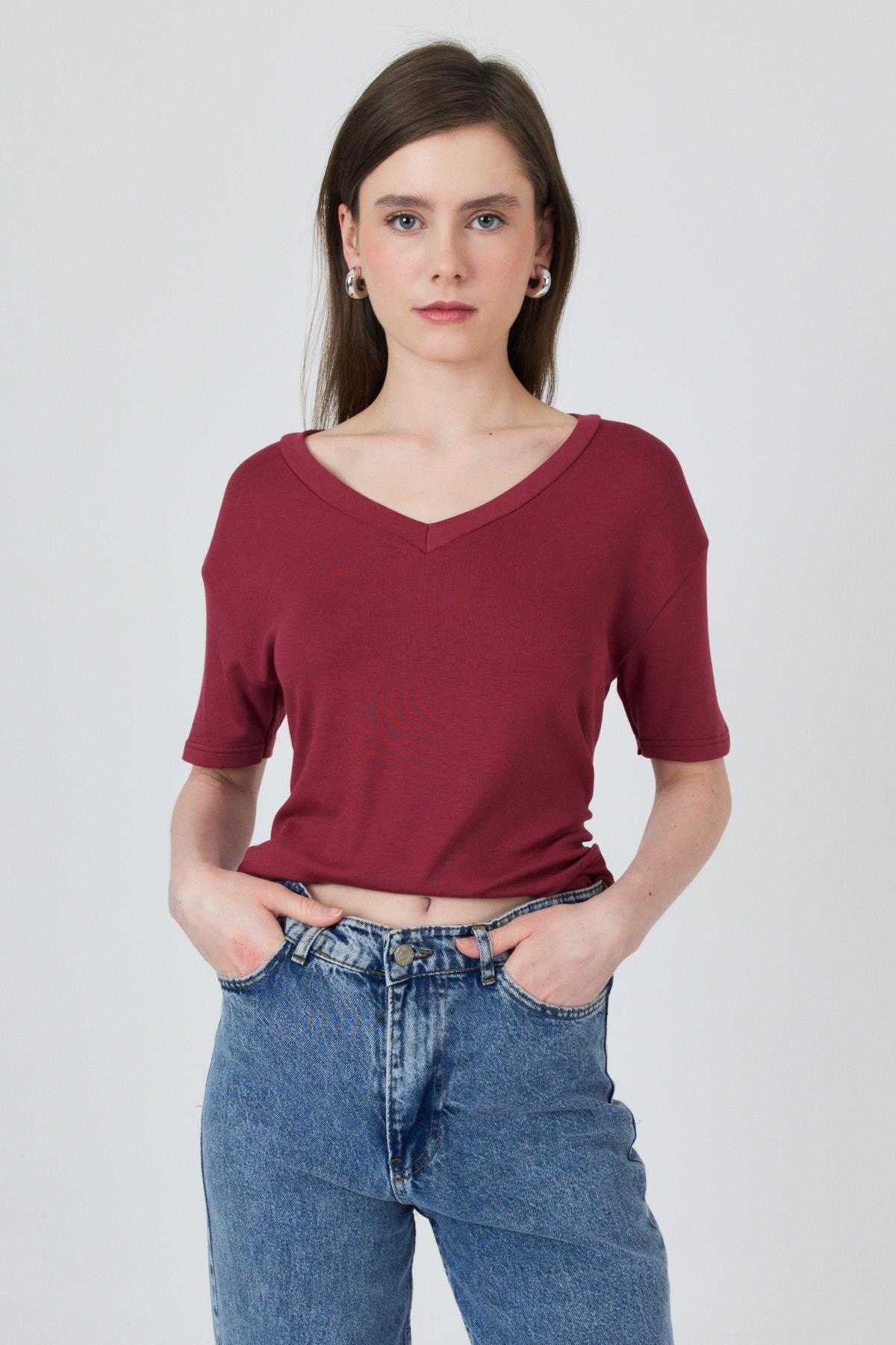 Bordo V Yaka Viskoz/Yumuşak Kumaş Dökümlü Tişört 3077 - 3