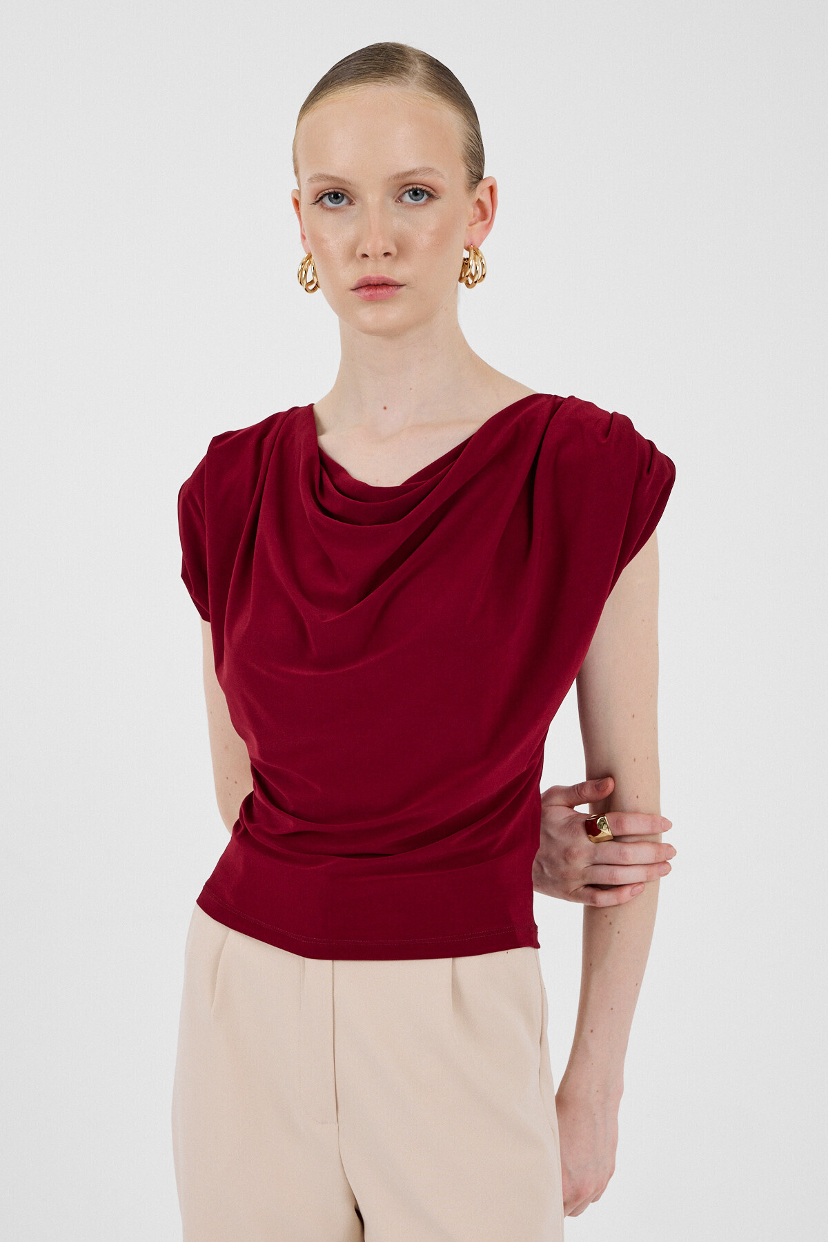 Bordo Vatkalı Degaje Yaka Bluz 2509 - 1