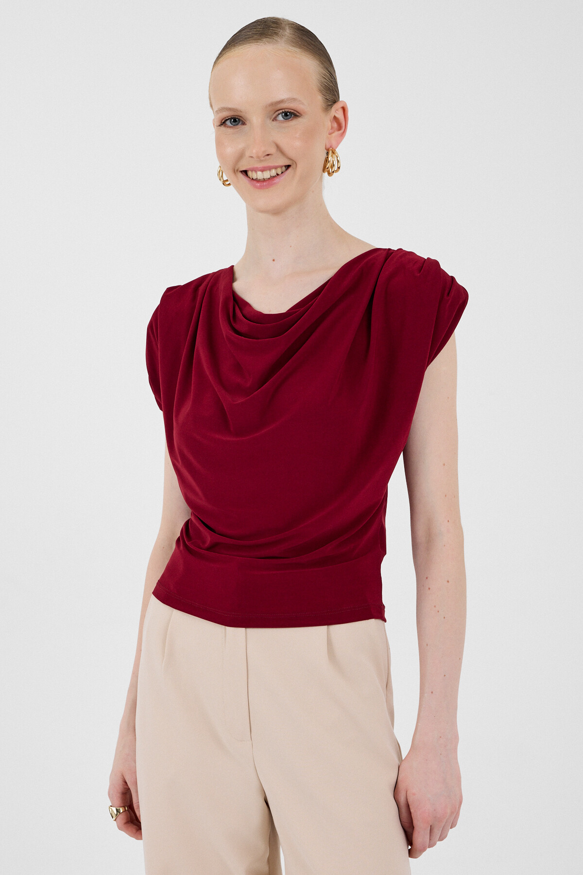 Bordo Vatkalı Degaje Yaka Bluz 2509 - 2