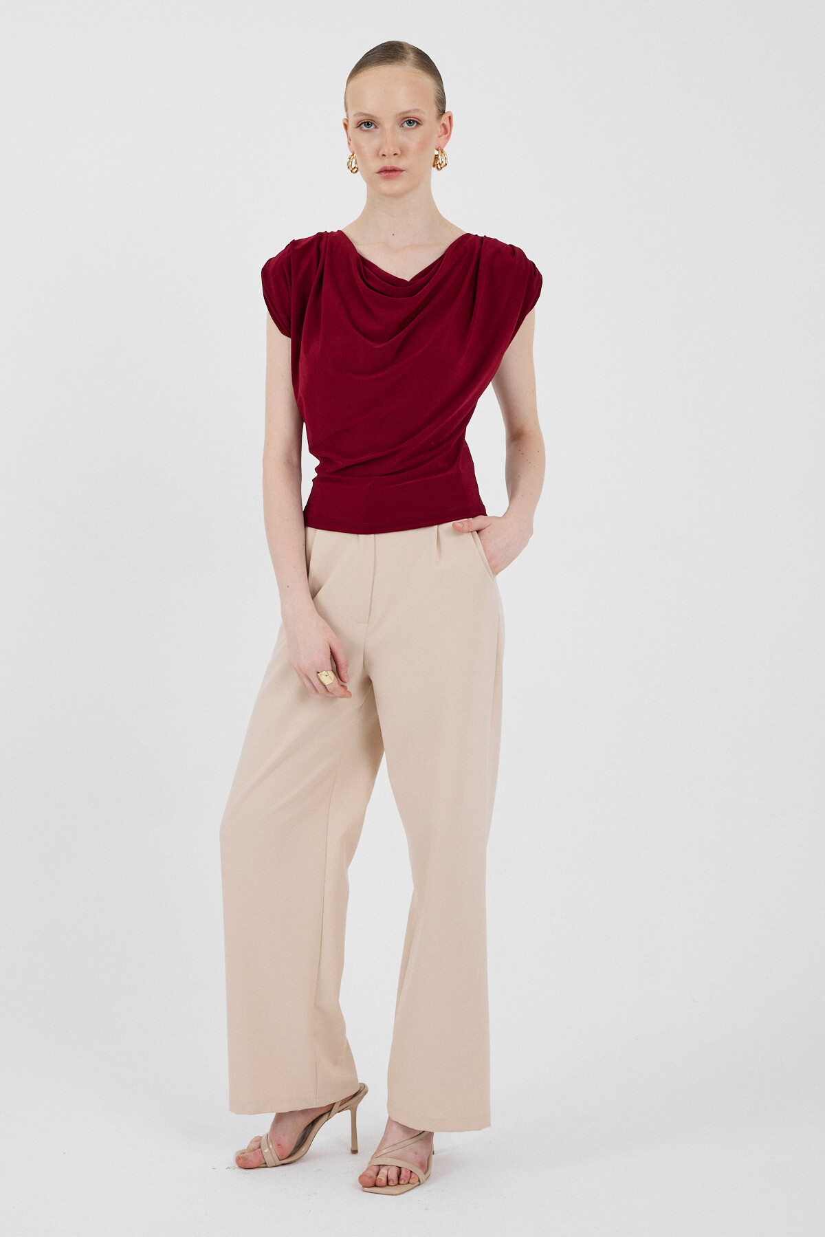 Bordo Vatkalı Degaje Yaka Bluz 2509 - 3