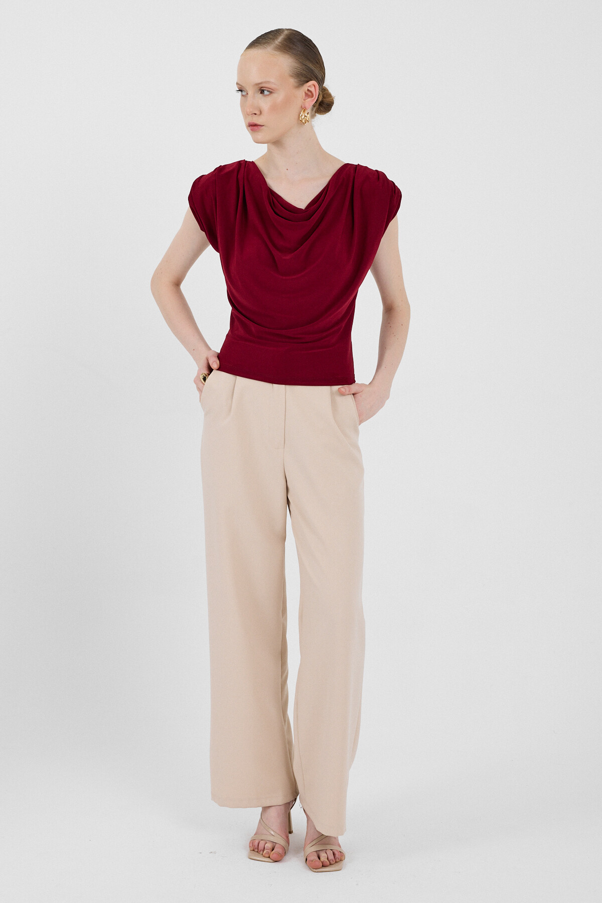 Bordo Vatkalı Degaje Yaka Bluz 2509 - 6