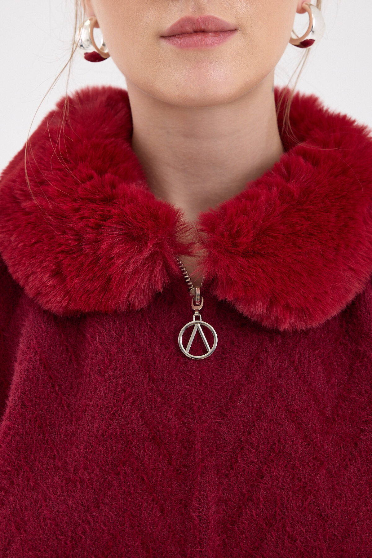 Bordo Yaka Kürk Detaylı Kadın Hırka 6680 - 4