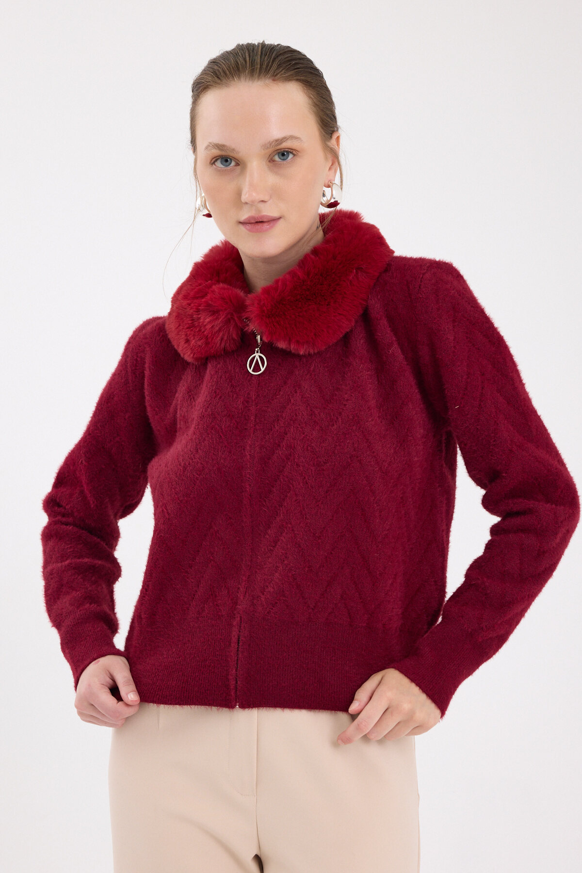 Bordo Yaka Kürk Detaylı Kadın Hırka 6680 - 7