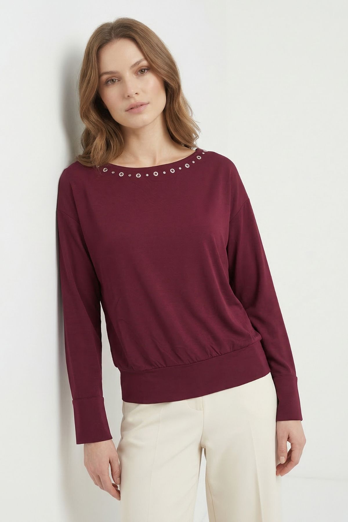 Bordo Yaka Kuş Göz Detay Bluz 7848 - 1