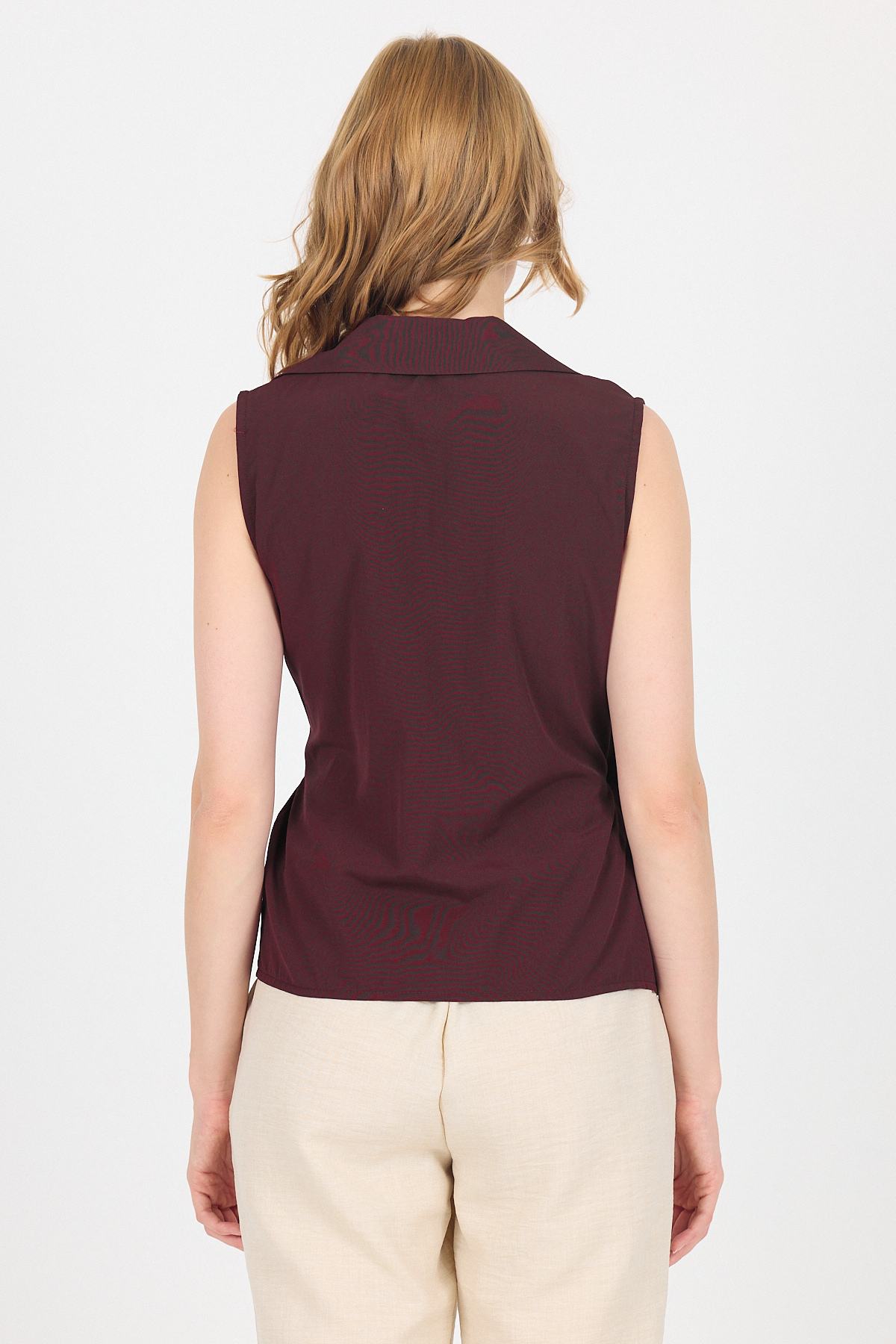 Bordo Yan Bağlama Detaylı Kolsuz Kruvaze Bluz 8047 - 5