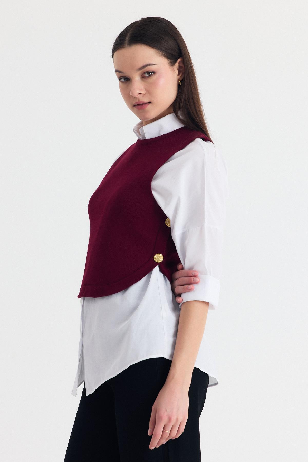 Bordo Yan Düğme Detay Sıfır Kol Süveter 2111 - RAYS