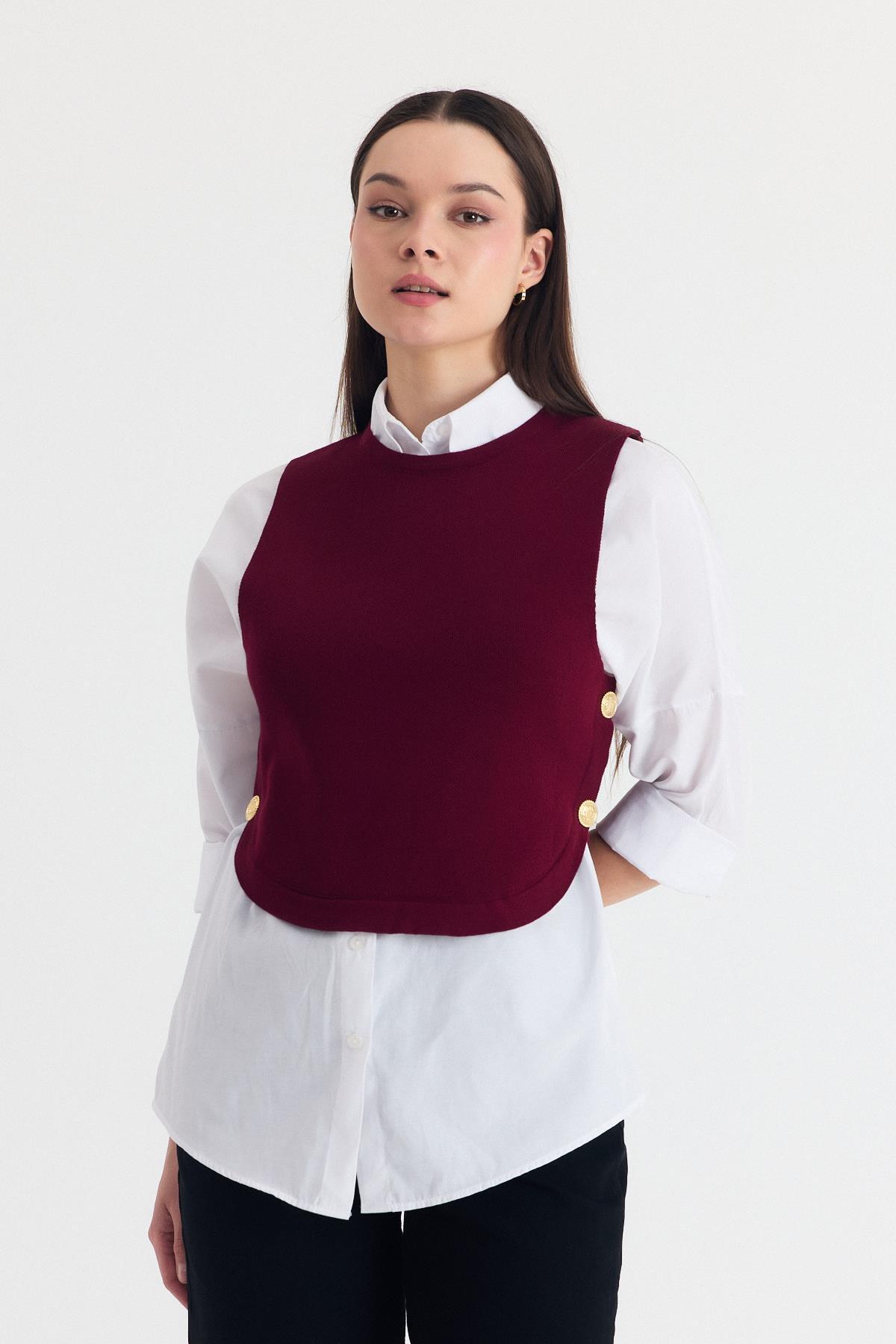 Bordo Yan Düğme Detay Sıfır Kol Süveter 2111 - RAYS