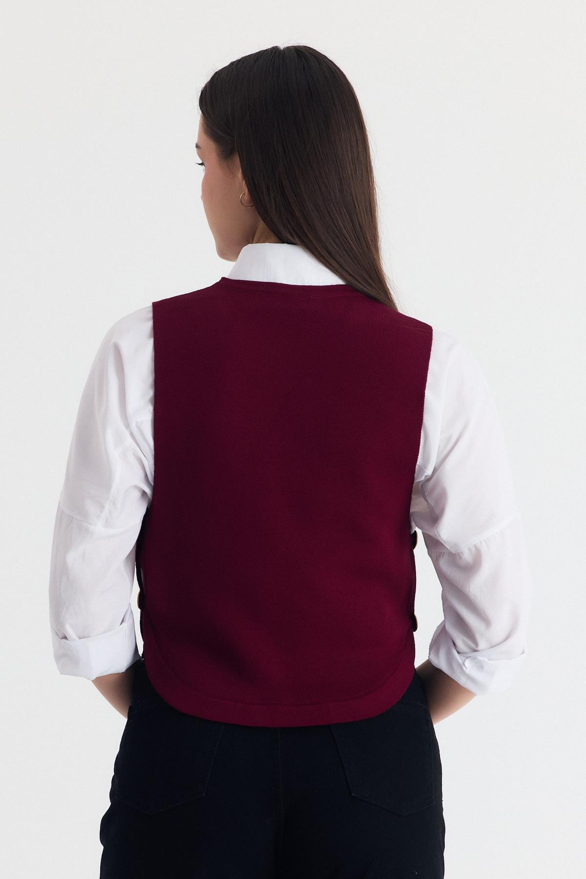 Bordo Yan Düğme Detay Sıfır Kol Süveter 2111 - 5