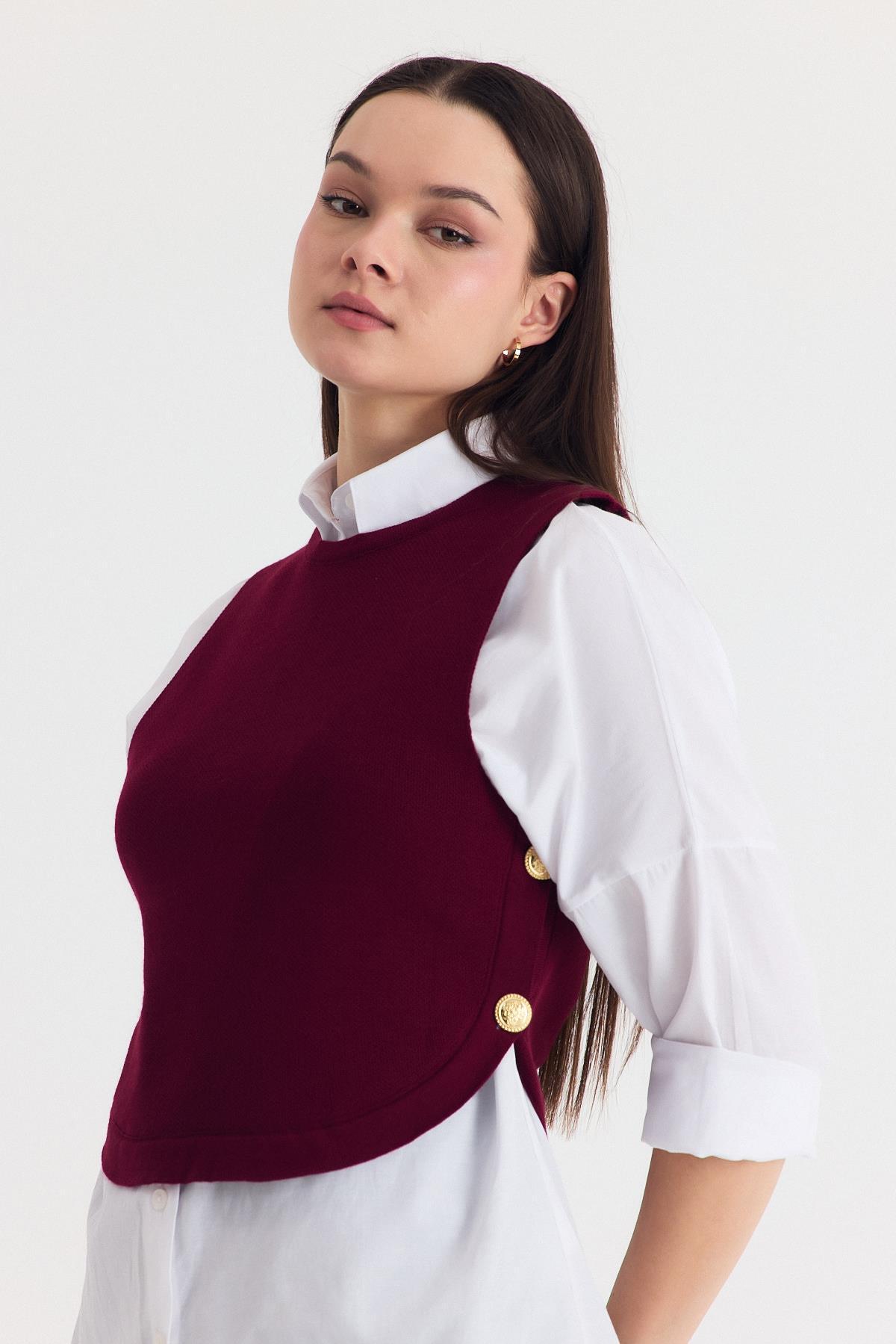 Bordo Yan Düğme Detay Sıfır Kol Süveter 2111 - 6