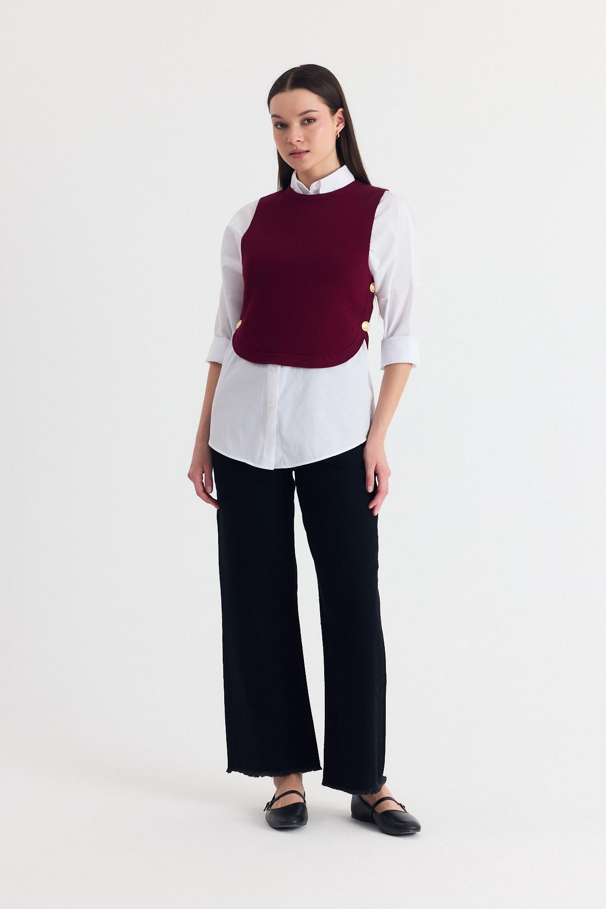 Bordo Yan Düğme Detay Sıfır Kol Süveter 2111 - 3