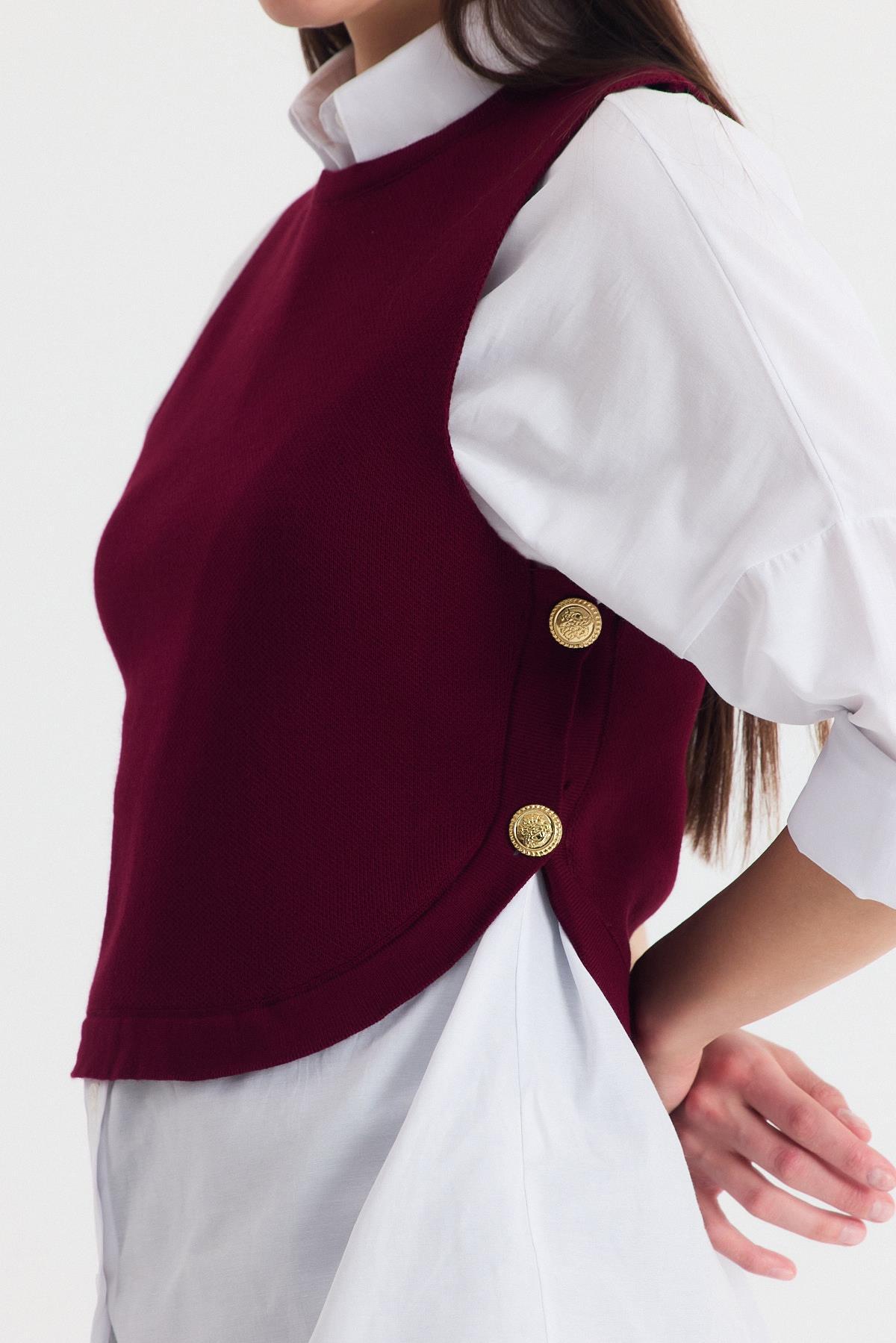 Bordo Yan Düğme Detay Sıfır Kol Süveter 2111 - 4