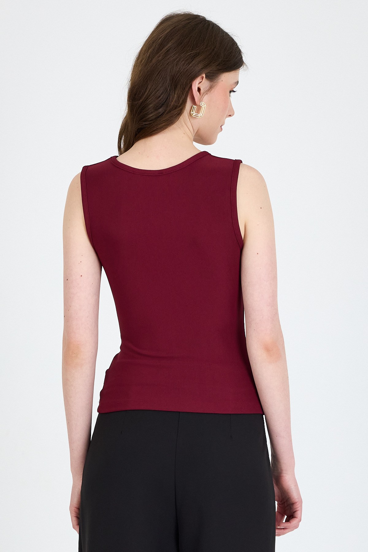 Bordo Yan Toka Detaylı Büzgülü Kolsuz Bluz 020 - 5