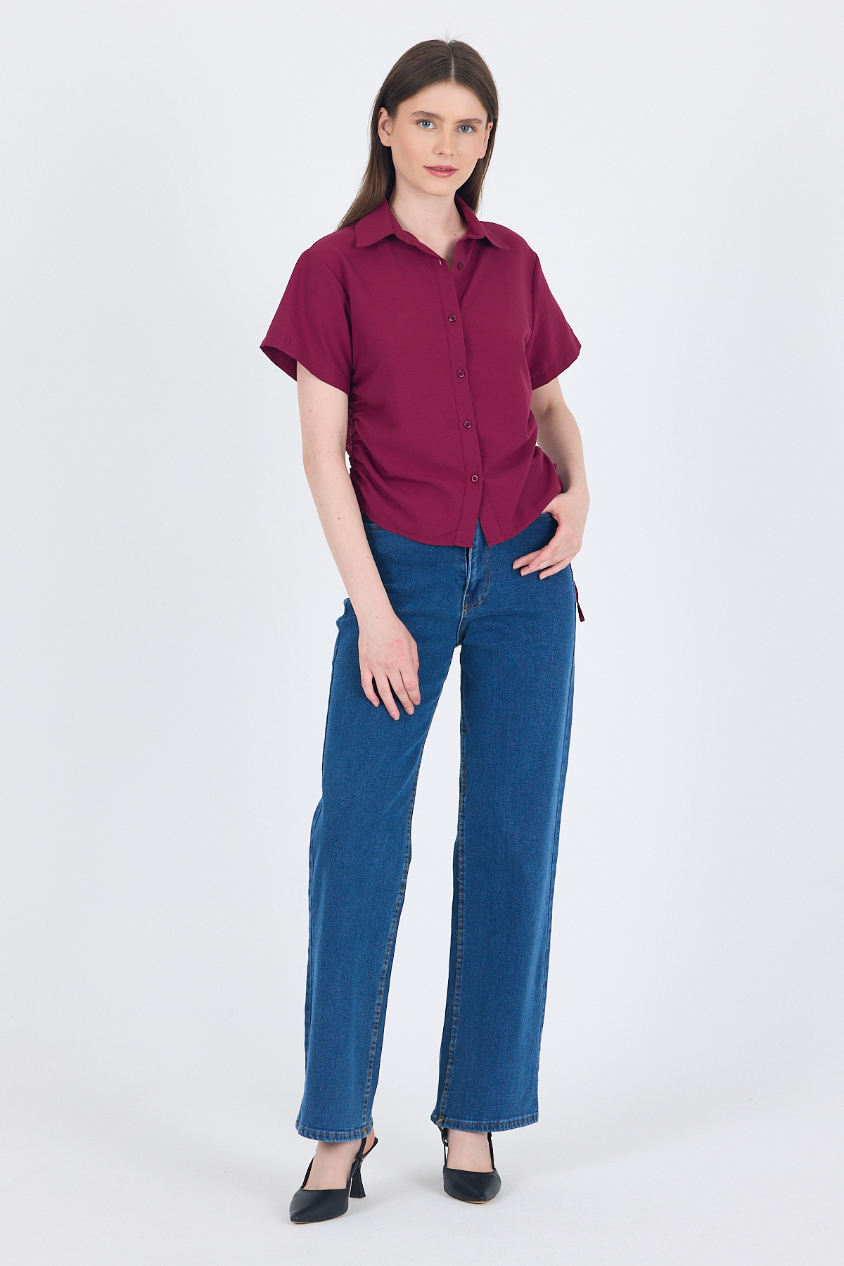 Bordo Yanları Büzgülü Bağcıklı Kısa Kollu Gömlek 4368A - 3