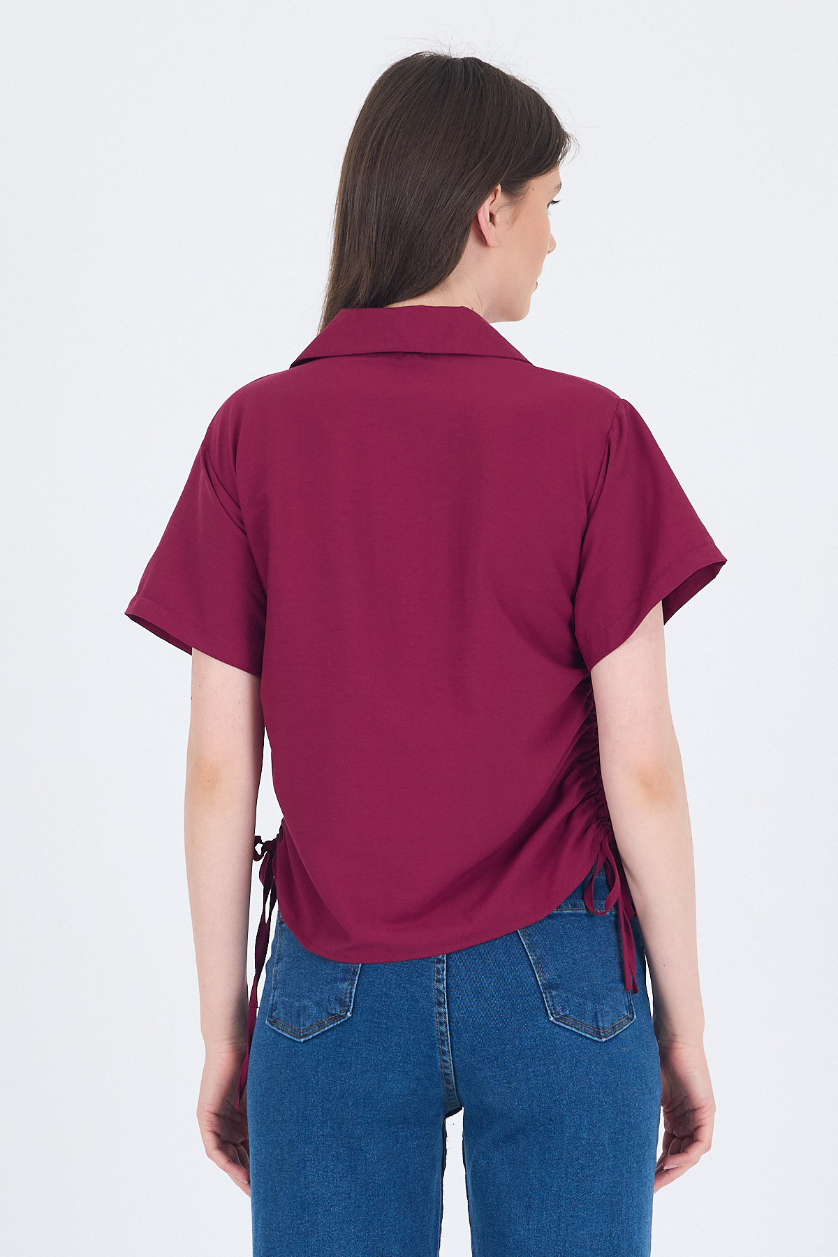 Bordo Yanları Büzgülü Bağcıklı Kısa Kollu Gömlek 4368A - 5
