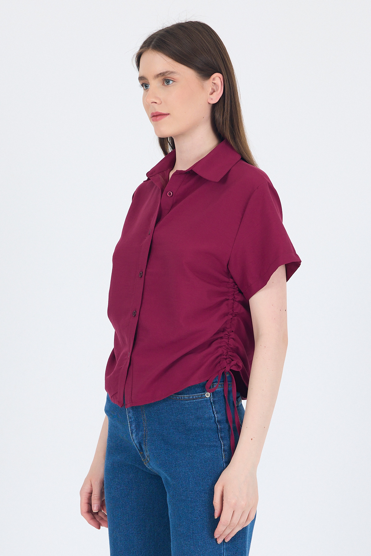 Bordo Yanları Büzgülü Bağcıklı Kısa Kollu Gömlek 4368A - 6