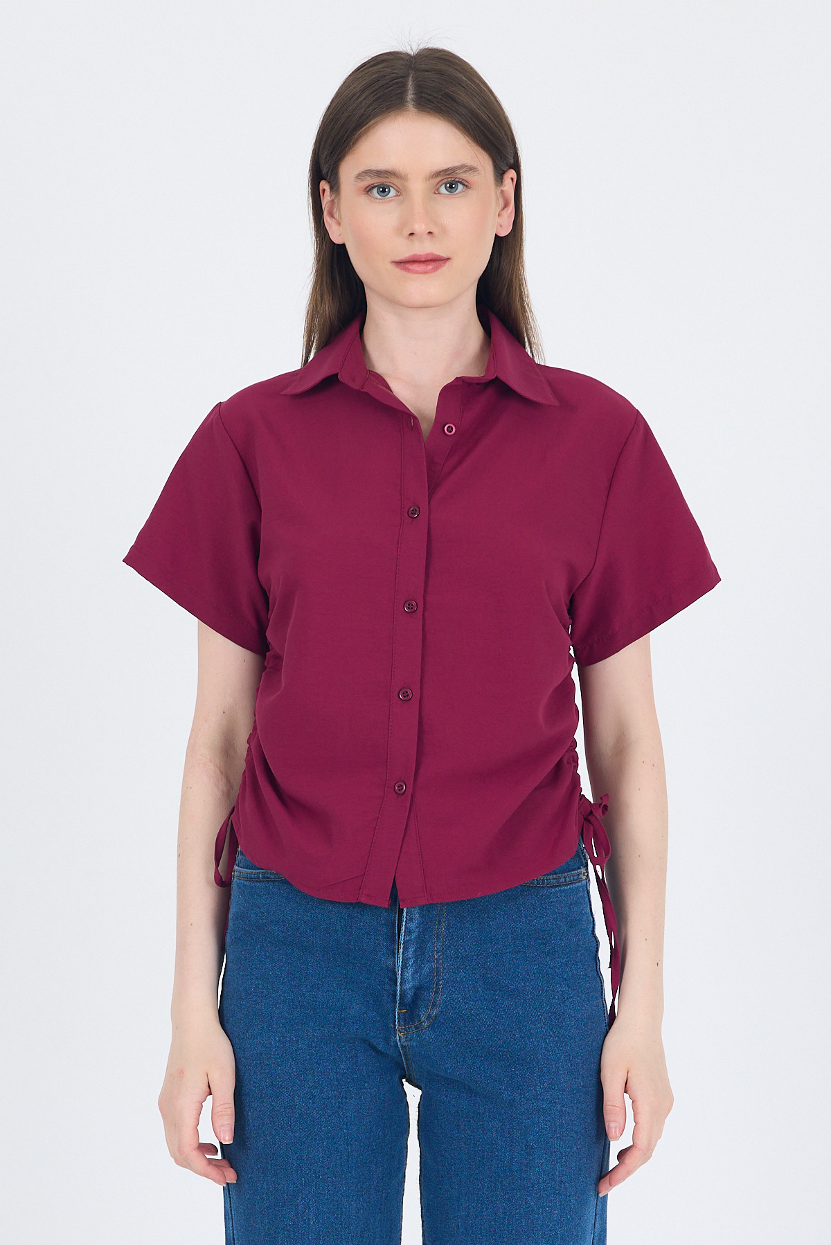 Bordo Yanları Büzgülü Bağcıklı Kısa Kollu Gömlek 4368A - 2