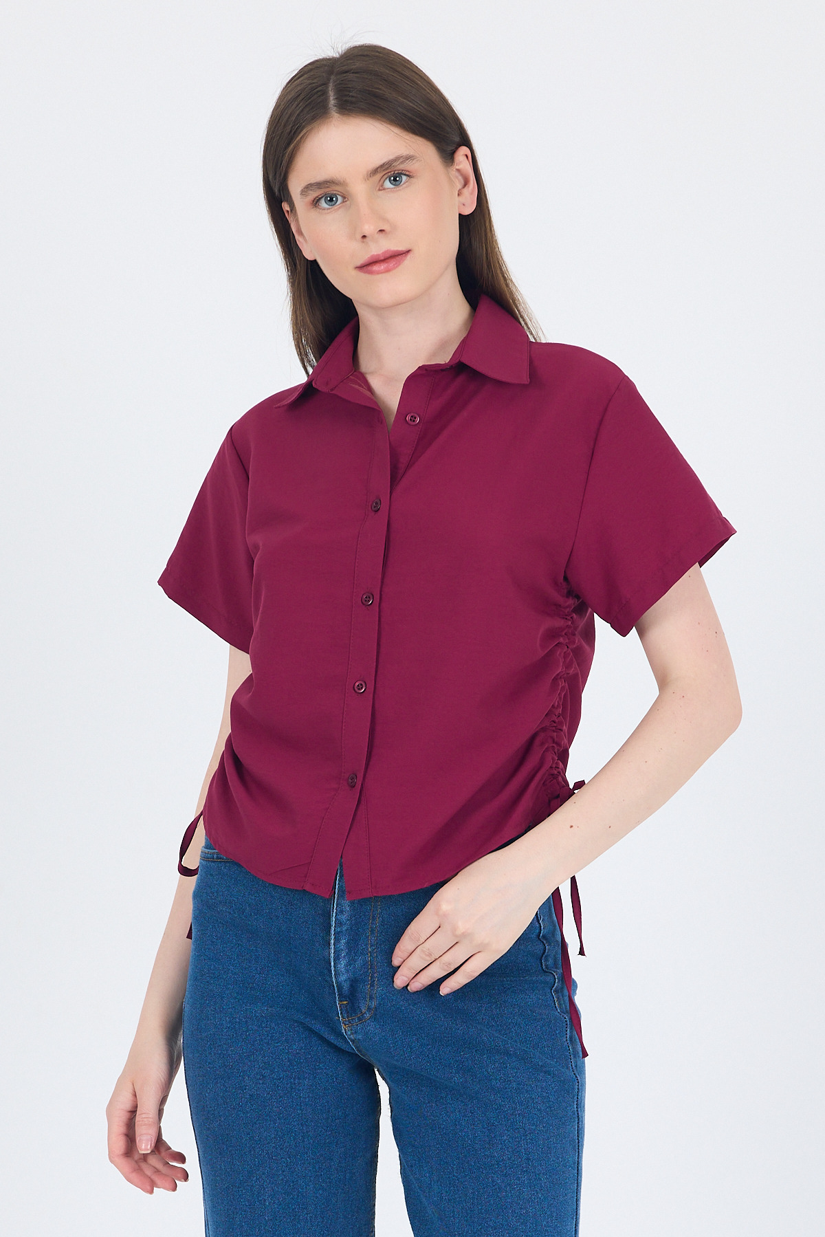 Bordo Yanları Büzgülü Bağcıklı Kısa Kollu Gömlek 4368A - RAYS