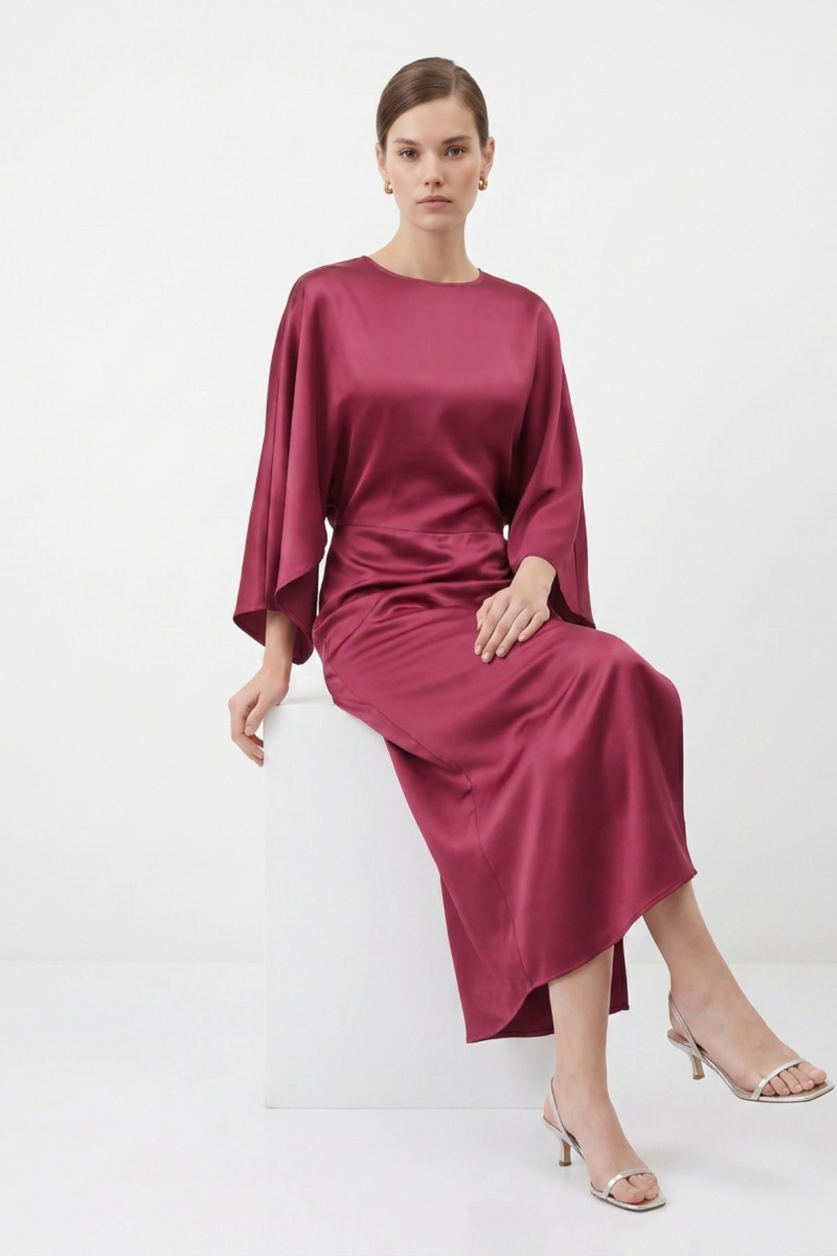 Yarasa Kol Yırtmaçlı Saten Midi Elbise 252767 Bordo 