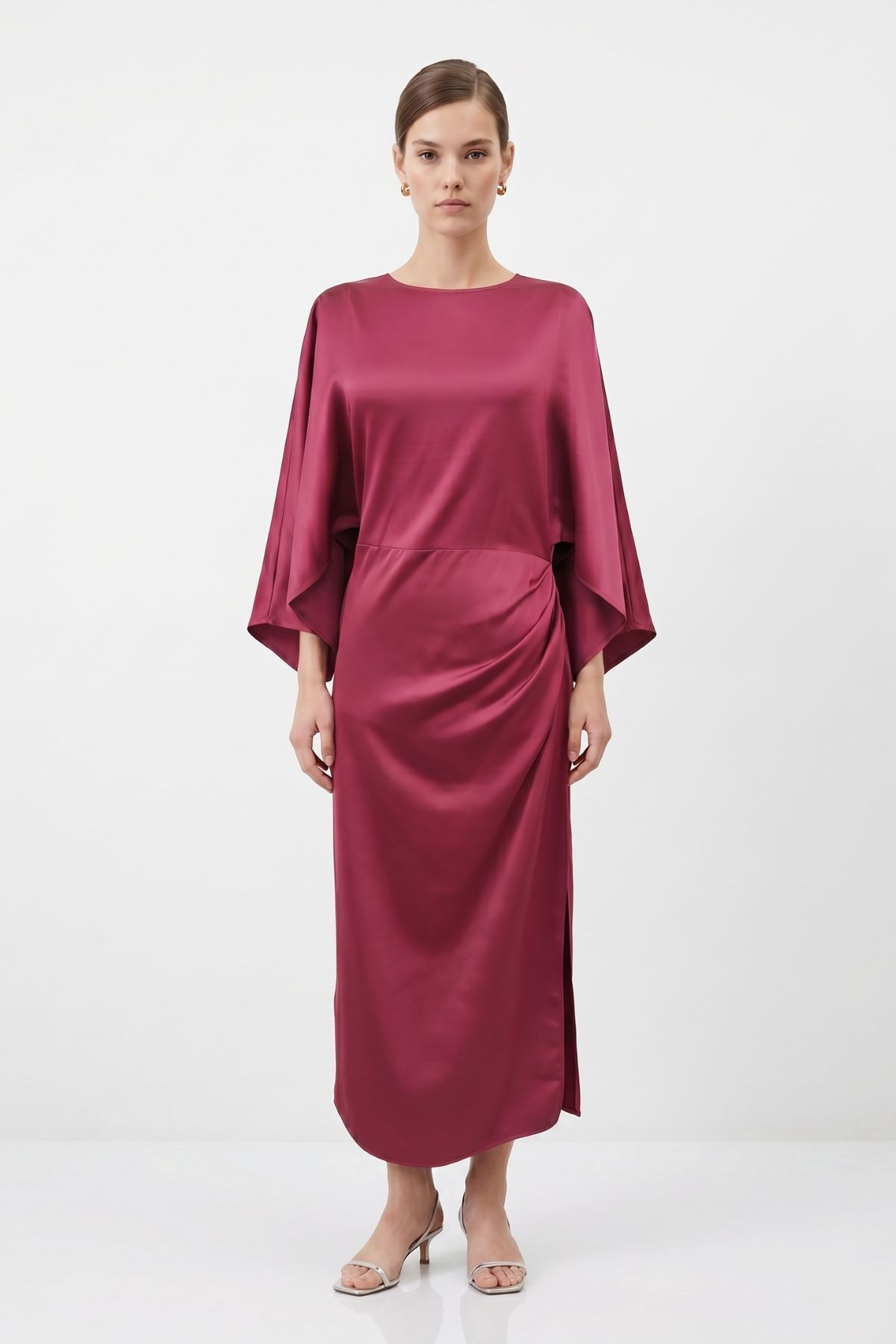 Yarasa Kol Yırtmaçlı Saten Midi Elbise 252767 Bordo - 2