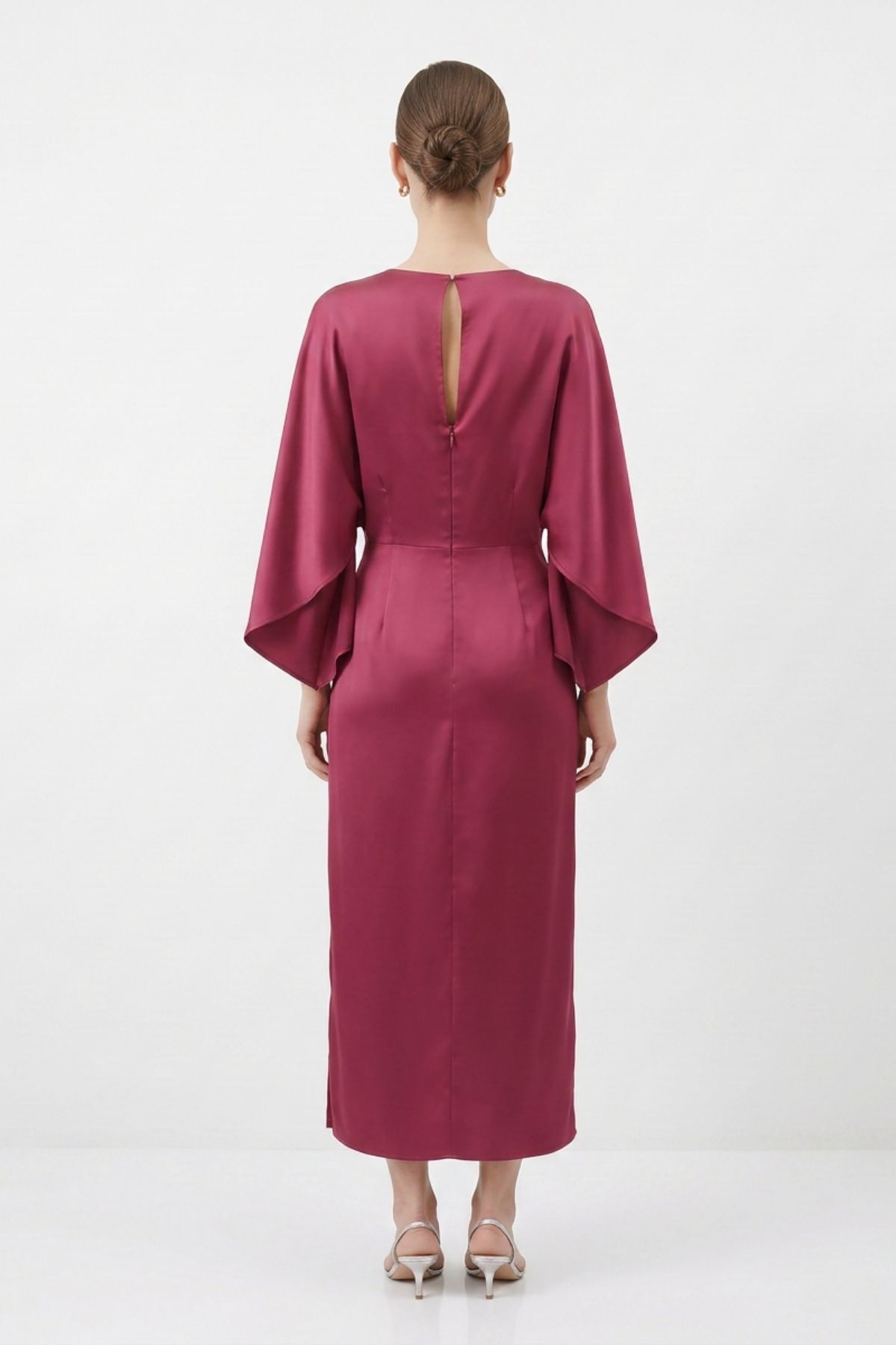 Yarasa Kol Yırtmaçlı Saten Midi Elbise 252767 Bordo - 3