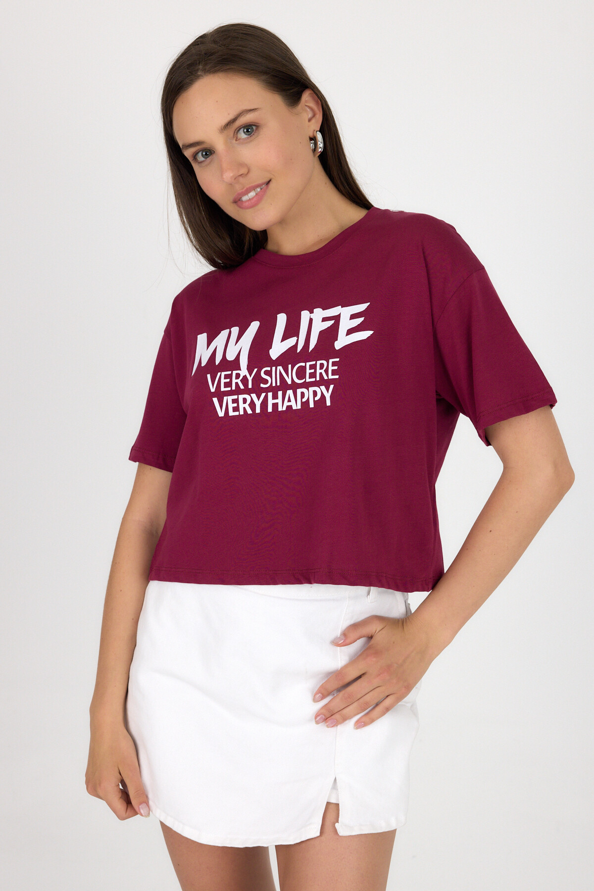 Bordo Yazı Baskılı %100 Pamuk Crop Tişört 9187M - RAYS