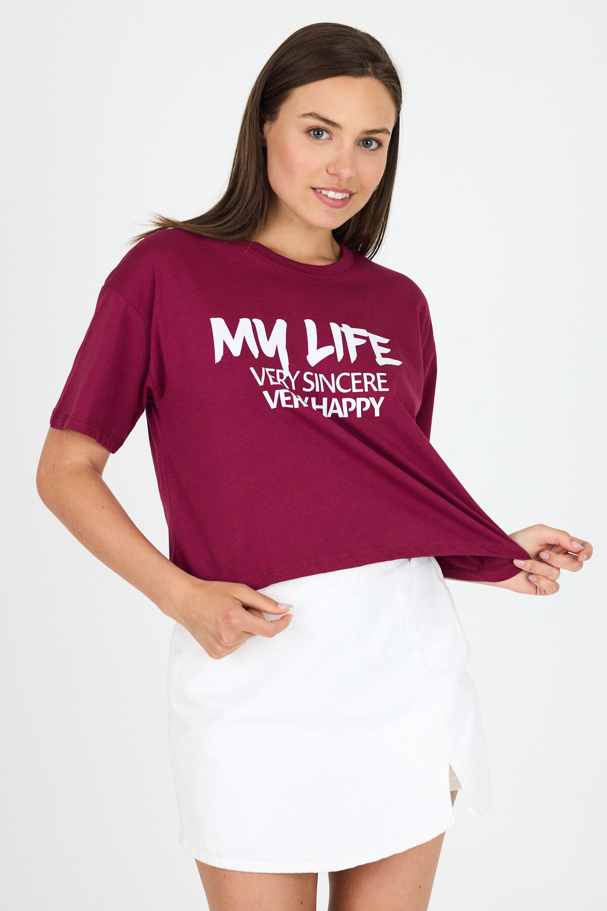 Bordo Yazı Baskılı %100 Pamuk Crop Tişört 9187M - RAYS