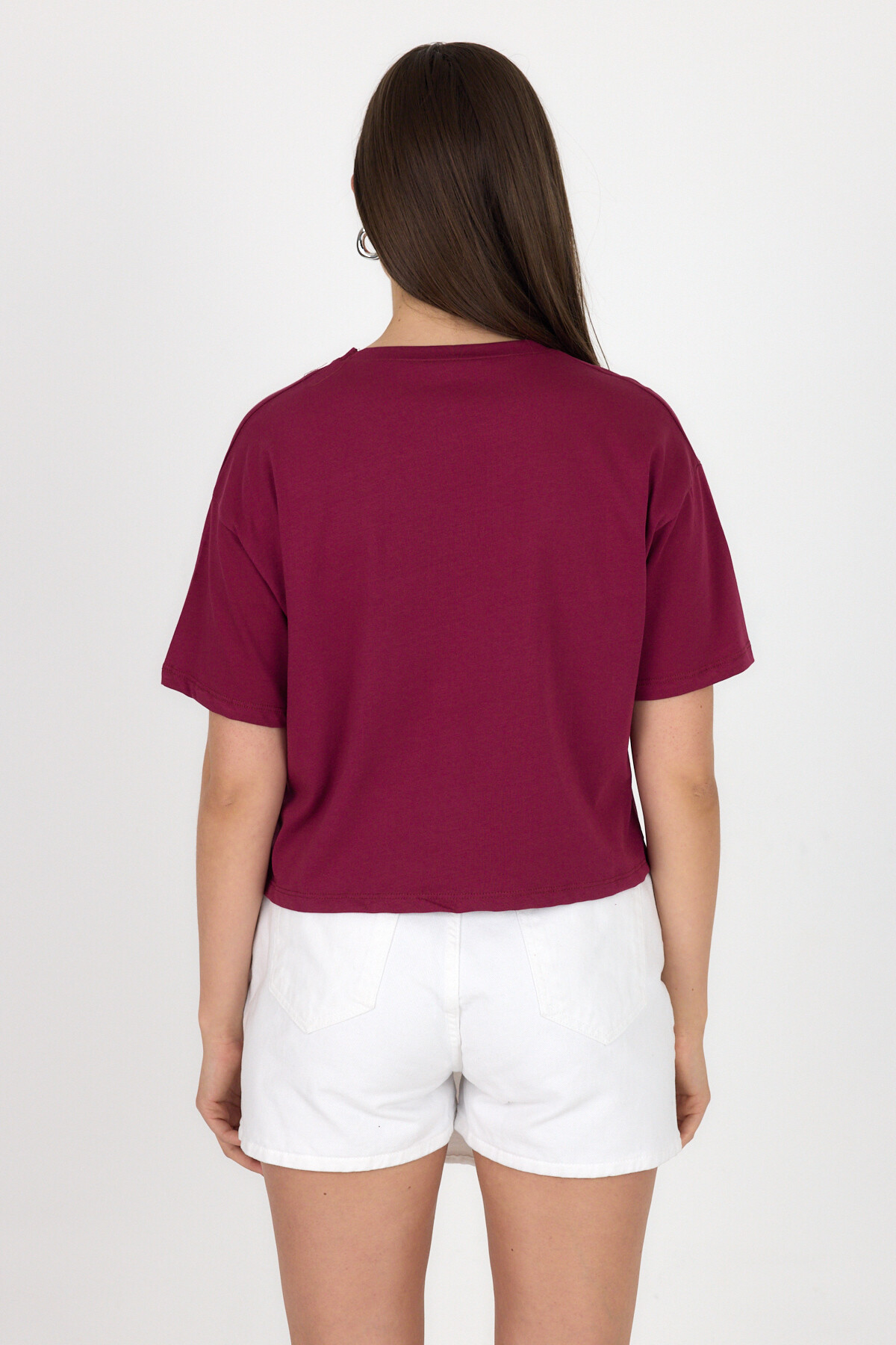 Bordo Yazı Baskılı %100 Pamuk Crop Tişört 9187M - 5