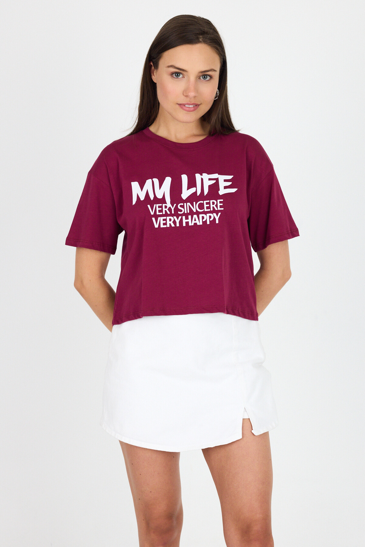 Bordo Yazı Baskılı %100 Pamuk Crop Tişört 9187M 