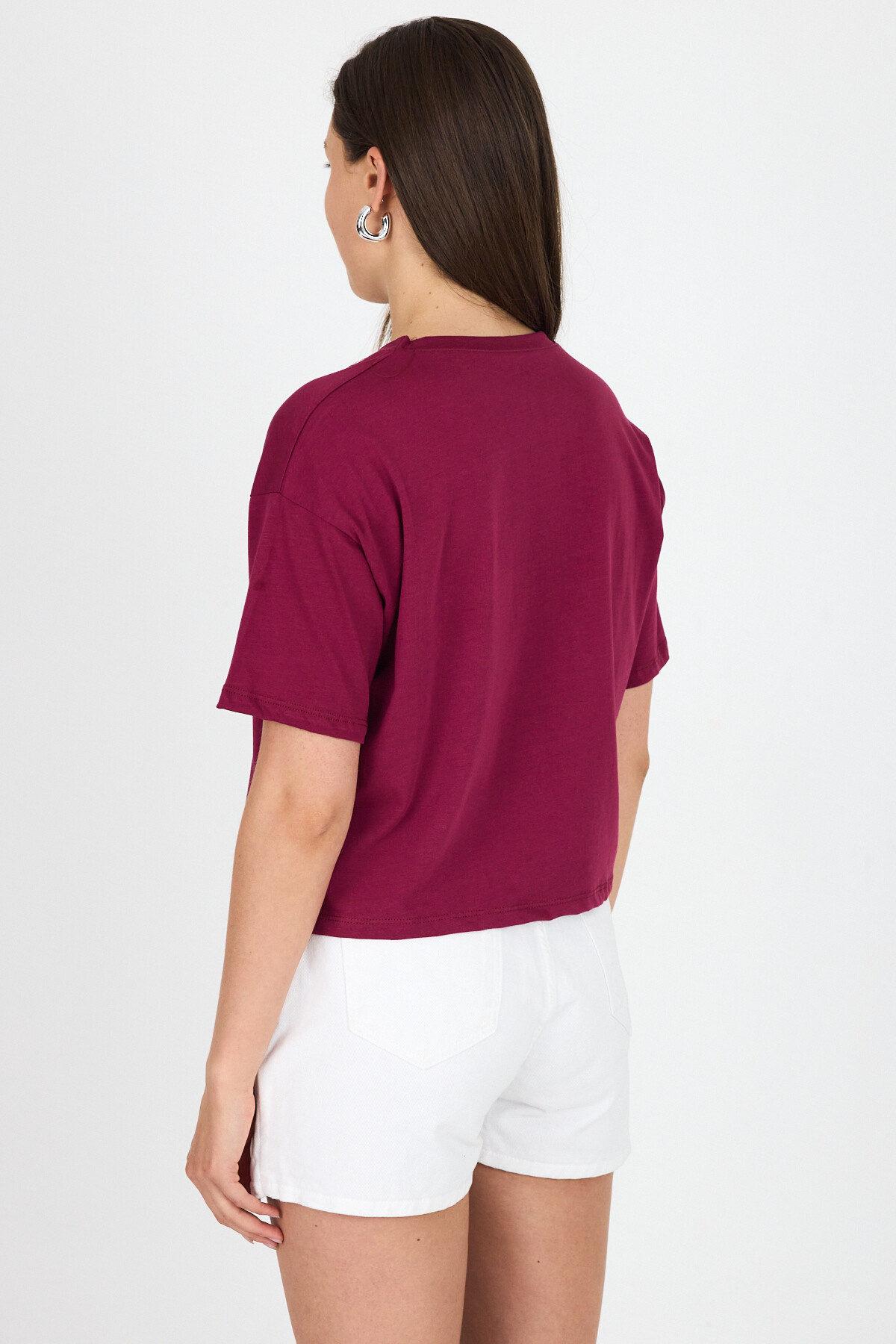 Bordo Yazı Baskılı %100 Pamuk Crop Tişört 9187M - 6
