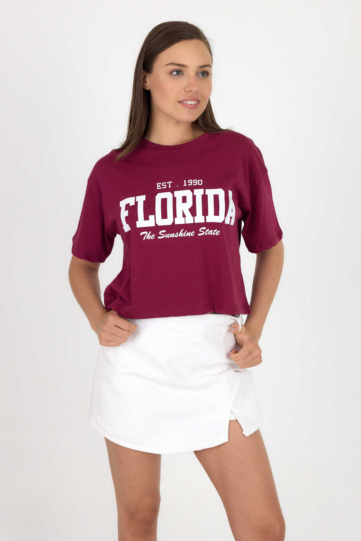 Bordo Yazı Baskılı %100 Pamuk Crop Tişört 9188M - 1