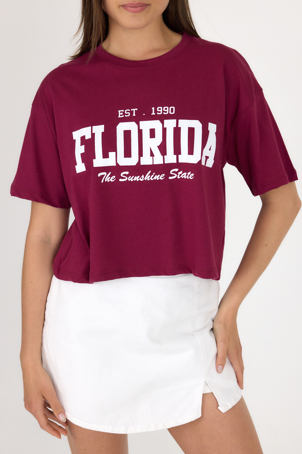 Bordo Yazı Baskılı %100 Pamuk Crop Tişört 9188M - RAYS