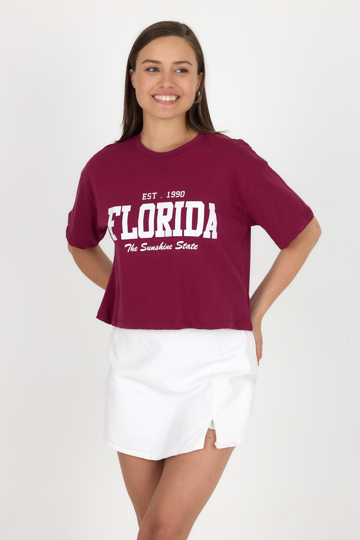 Bordo Yazı Baskılı %100 Pamuk Crop Tişört 9188M - 6