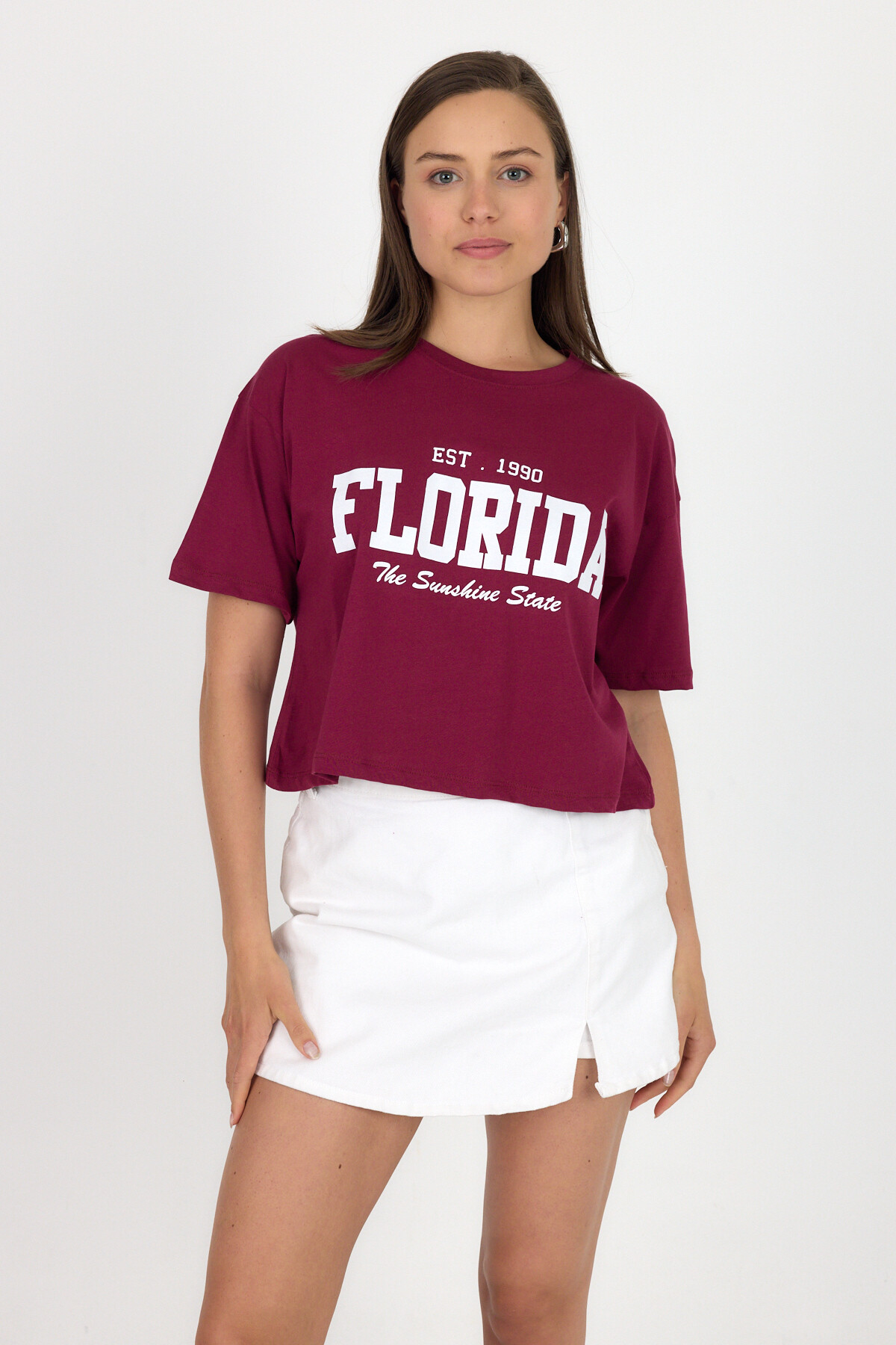 Bordo Yazı Baskılı %100 Pamuk Crop Tişört 9188M - 2