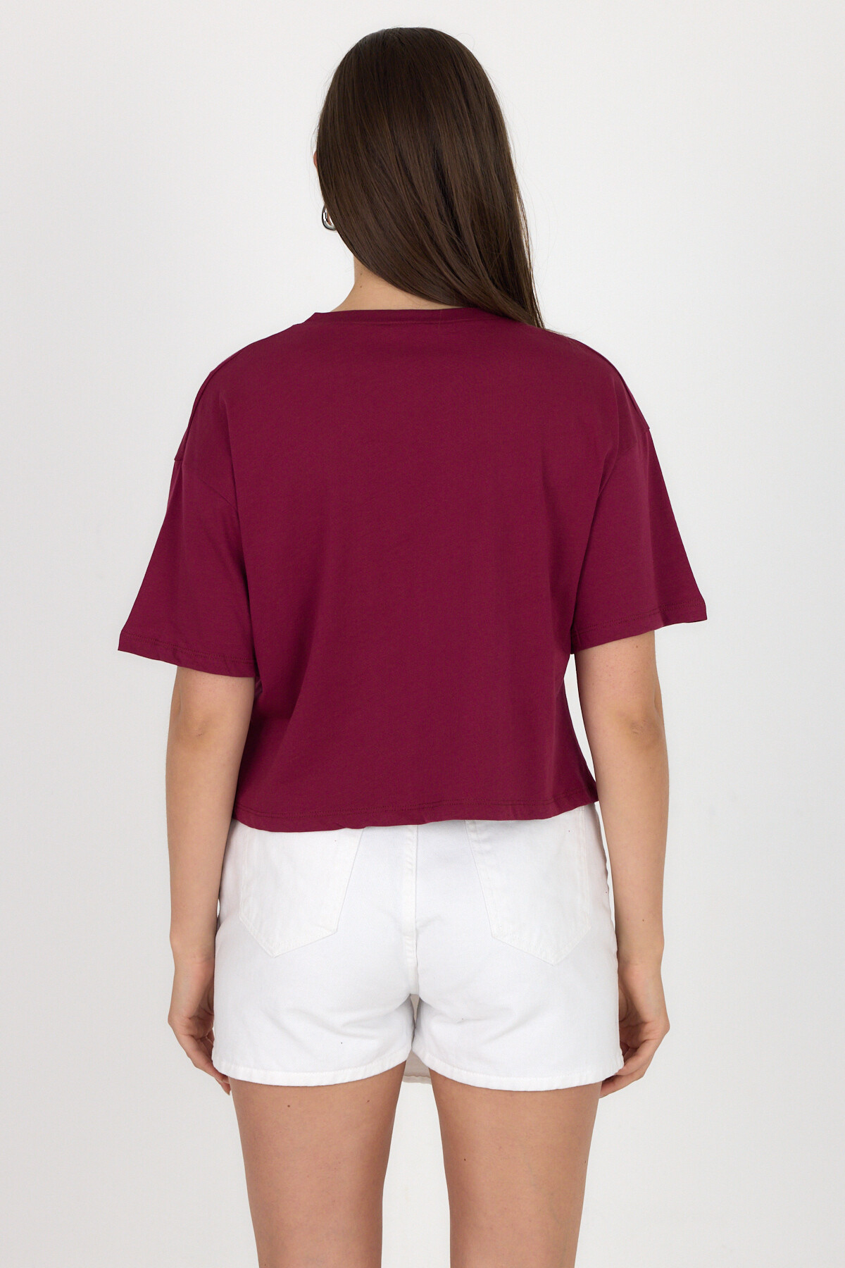 Bordo Yazı Baskılı %100 Pamuk Crop Tişört 9188M - 5