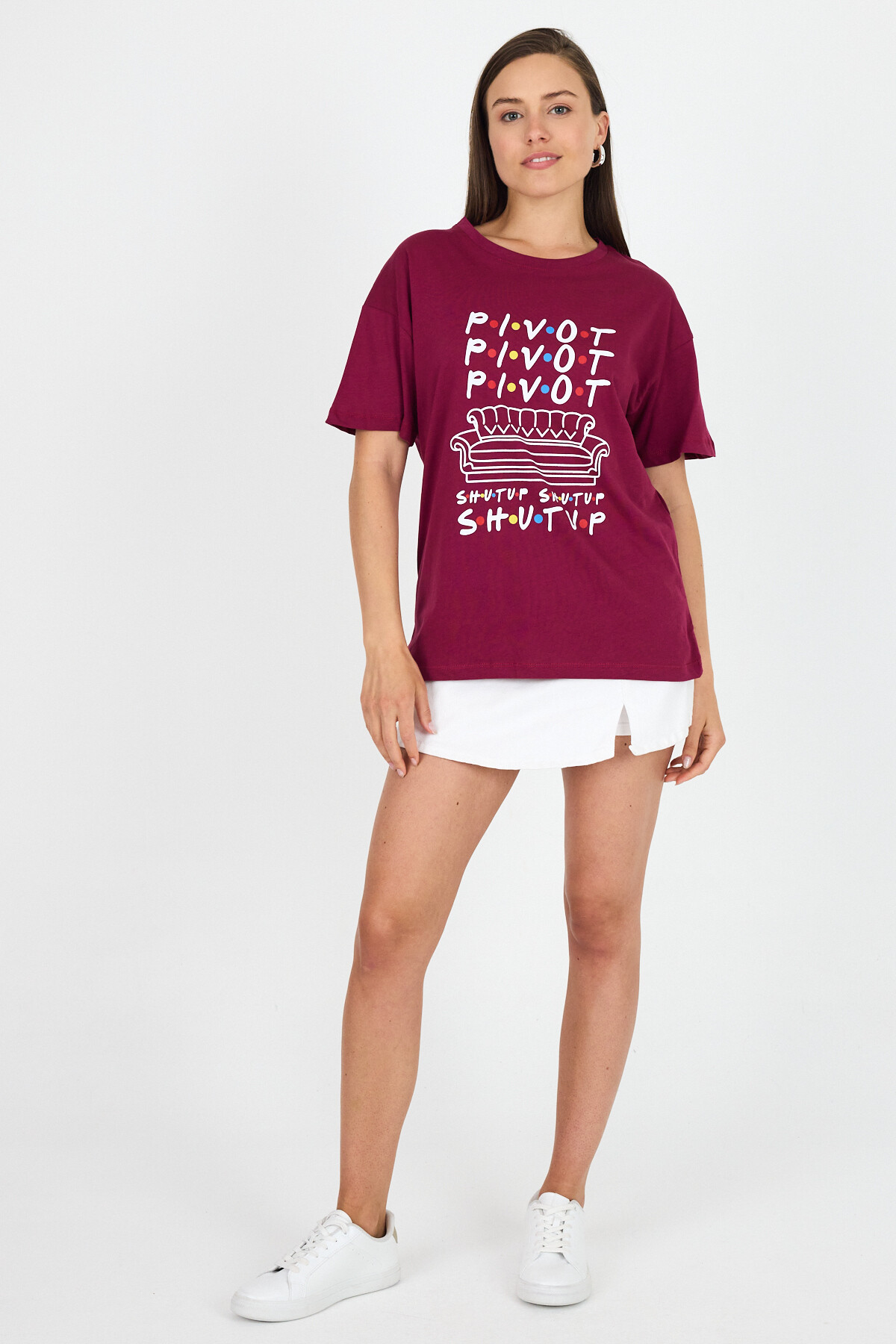 Bordo Yazı Baskılı %100 Pamuk Oversize Tişört 2150-10M - RAYS