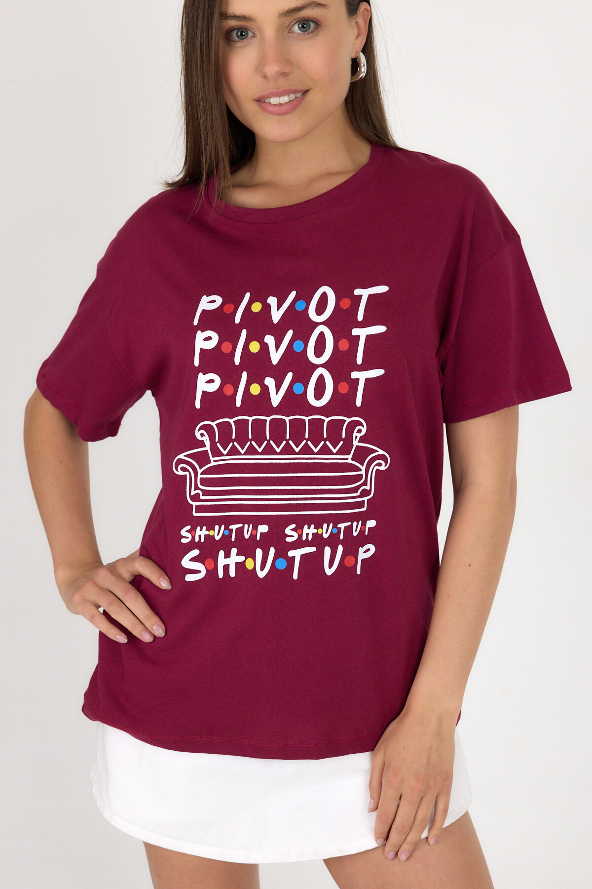 Bordo Yazı Baskılı %100 Pamuk Oversize Tişört 2150-10M - 3