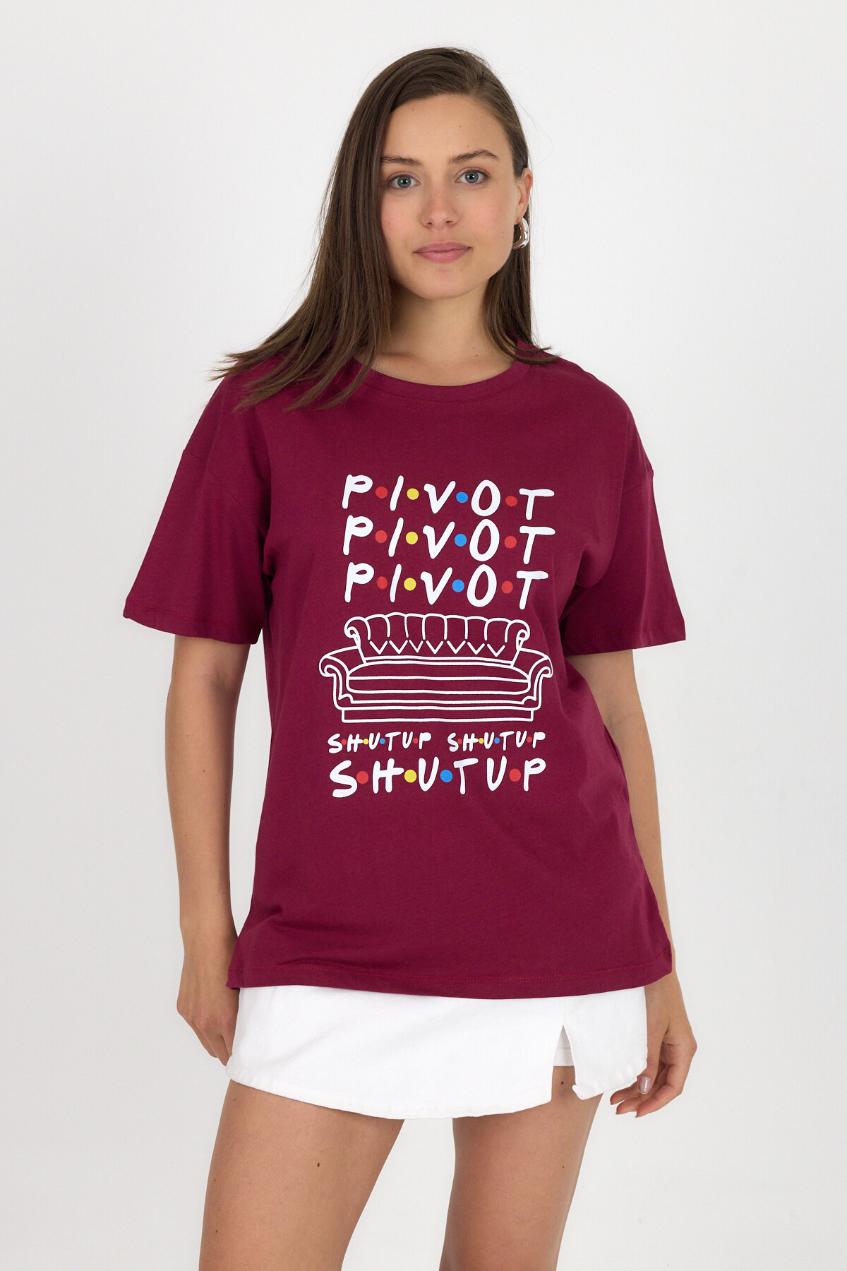 Bordo Yazı Baskılı %100 Pamuk Oversize Tişört 2150-10M - 1