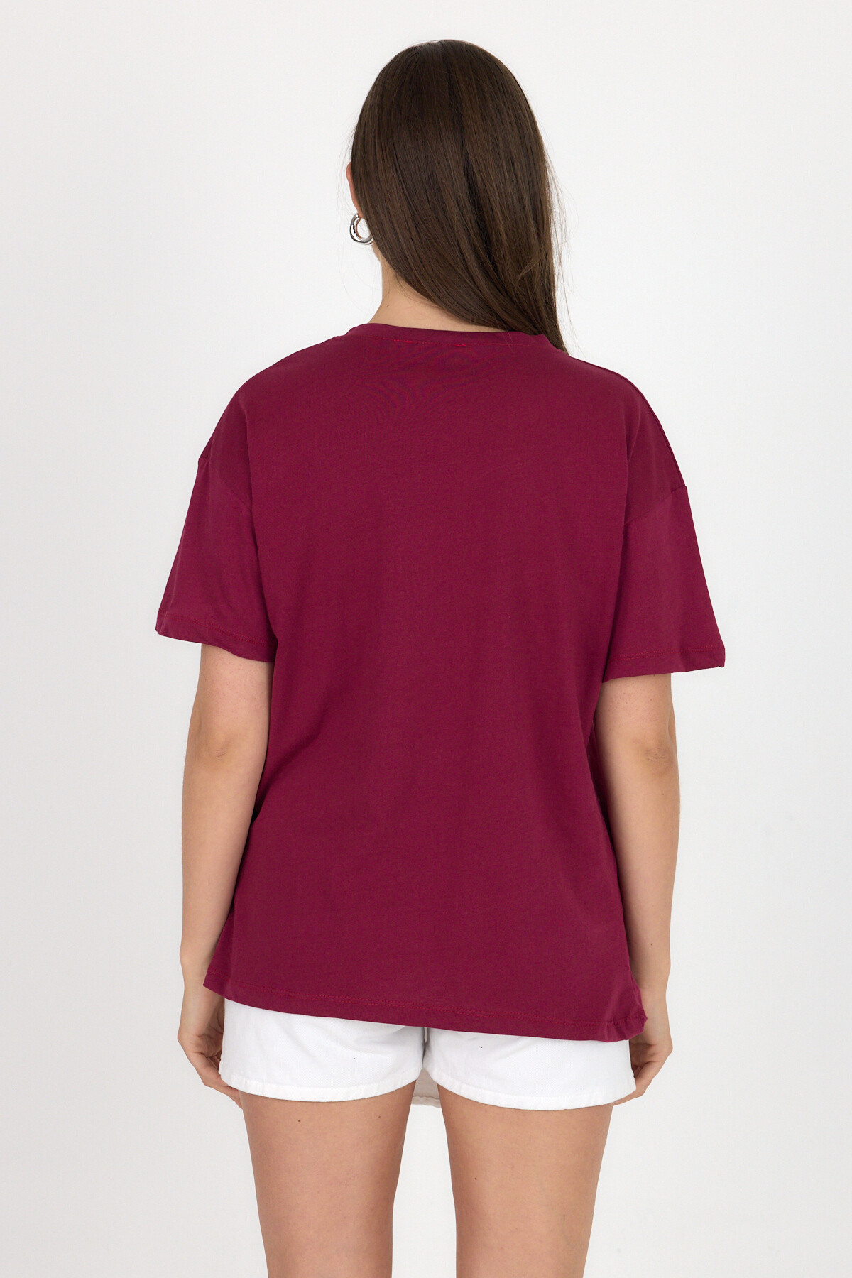 Bordo Yazı Baskılı %100 Pamuk Oversize Tişört 2150-10M - 5
