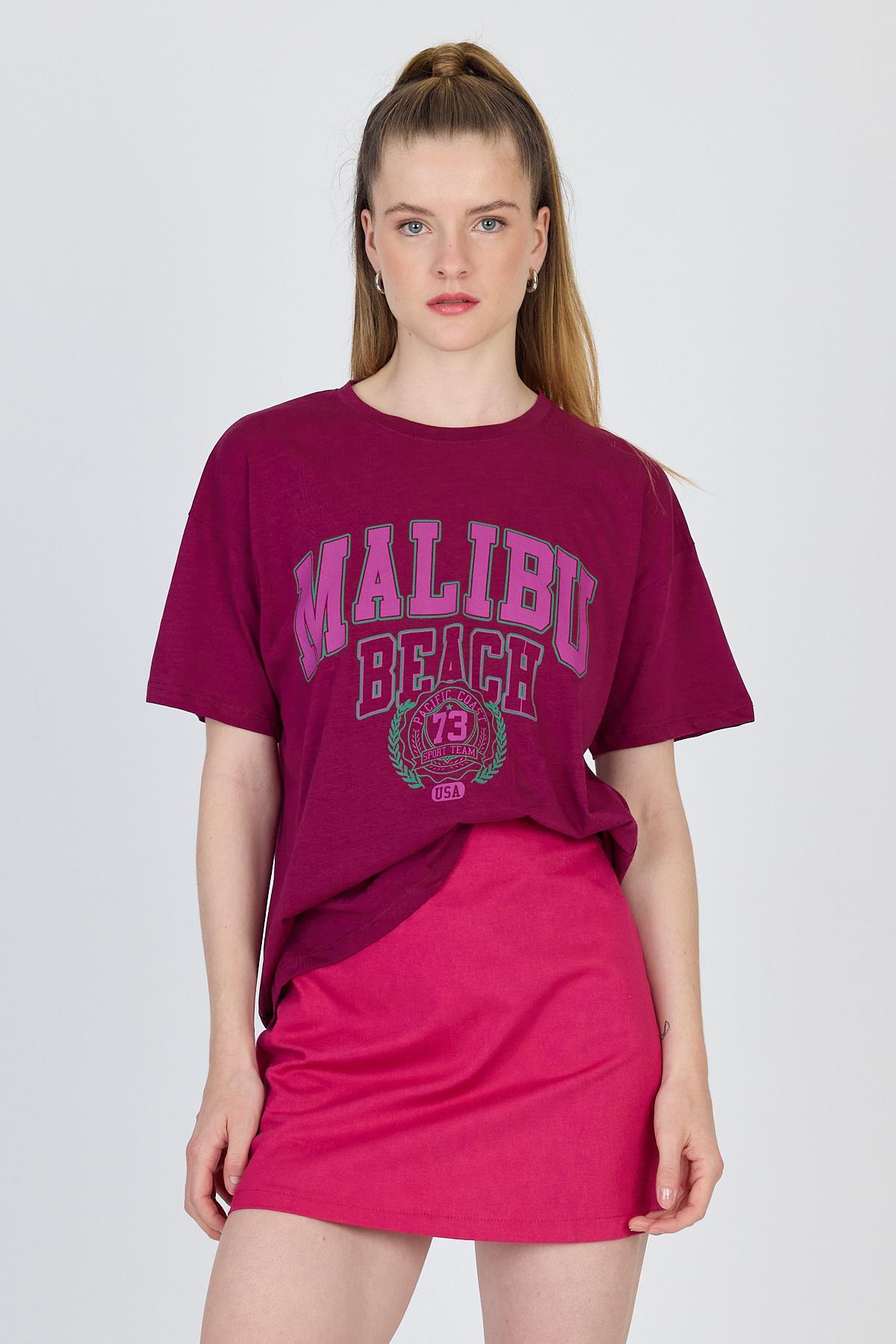 Bordo Yazı Baskılı %100 Pamuk Oversize Tişört 2150-17M - 1