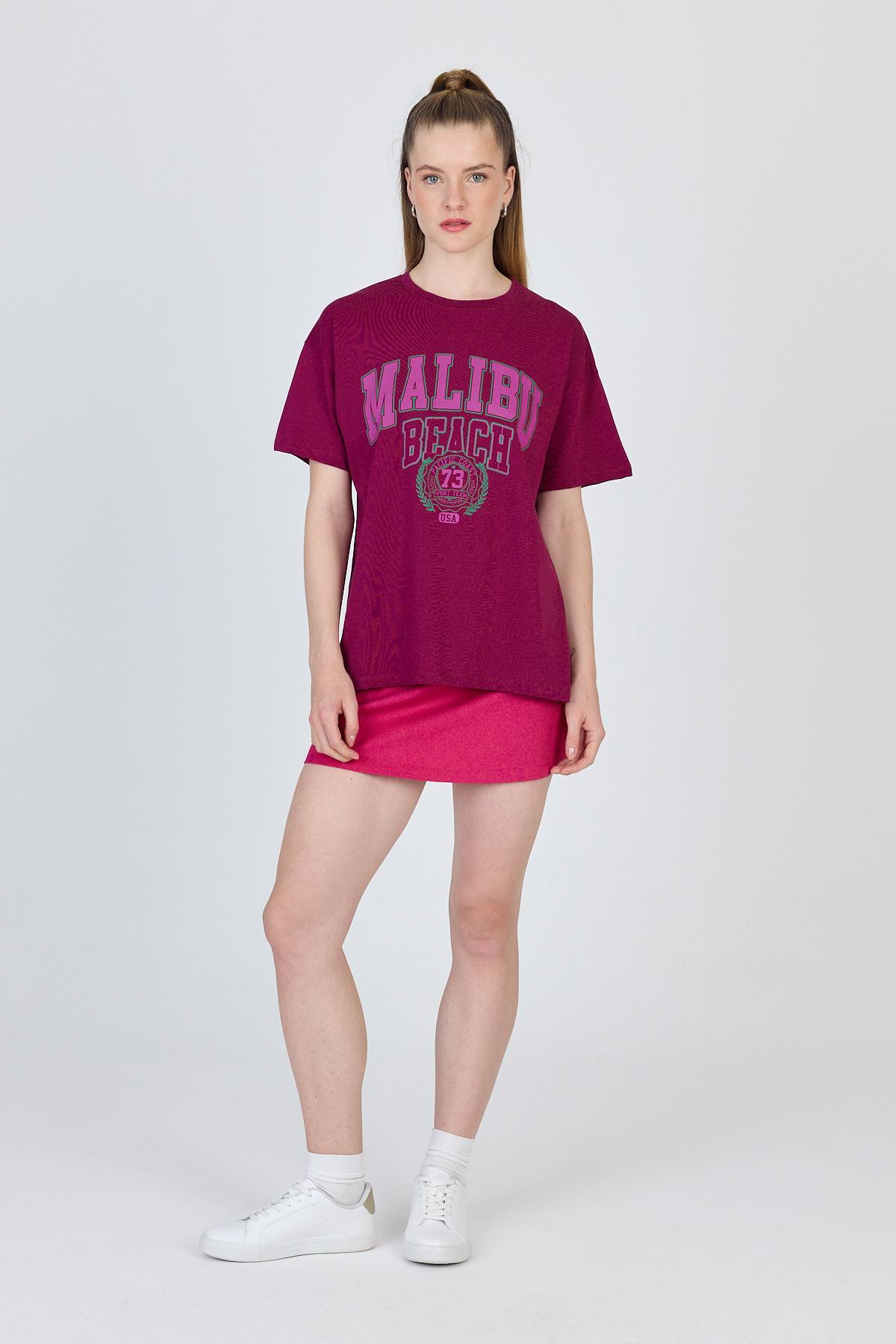 Bordo Yazı Baskılı %100 Pamuk Oversize Tişört 2150-17M - 3