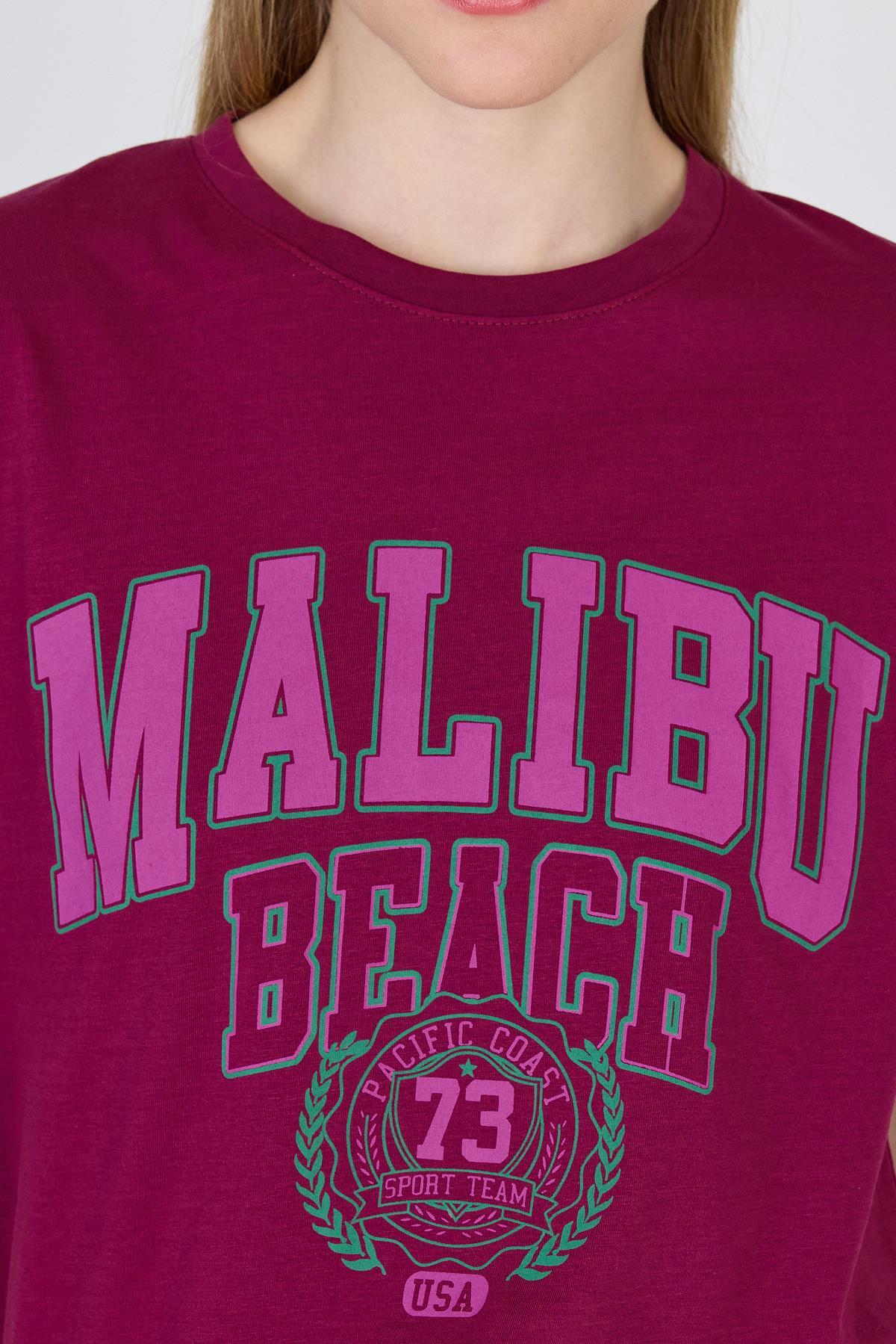 Bordo Yazı Baskılı %100 Pamuk Oversize Tişört 2150-17M - 4