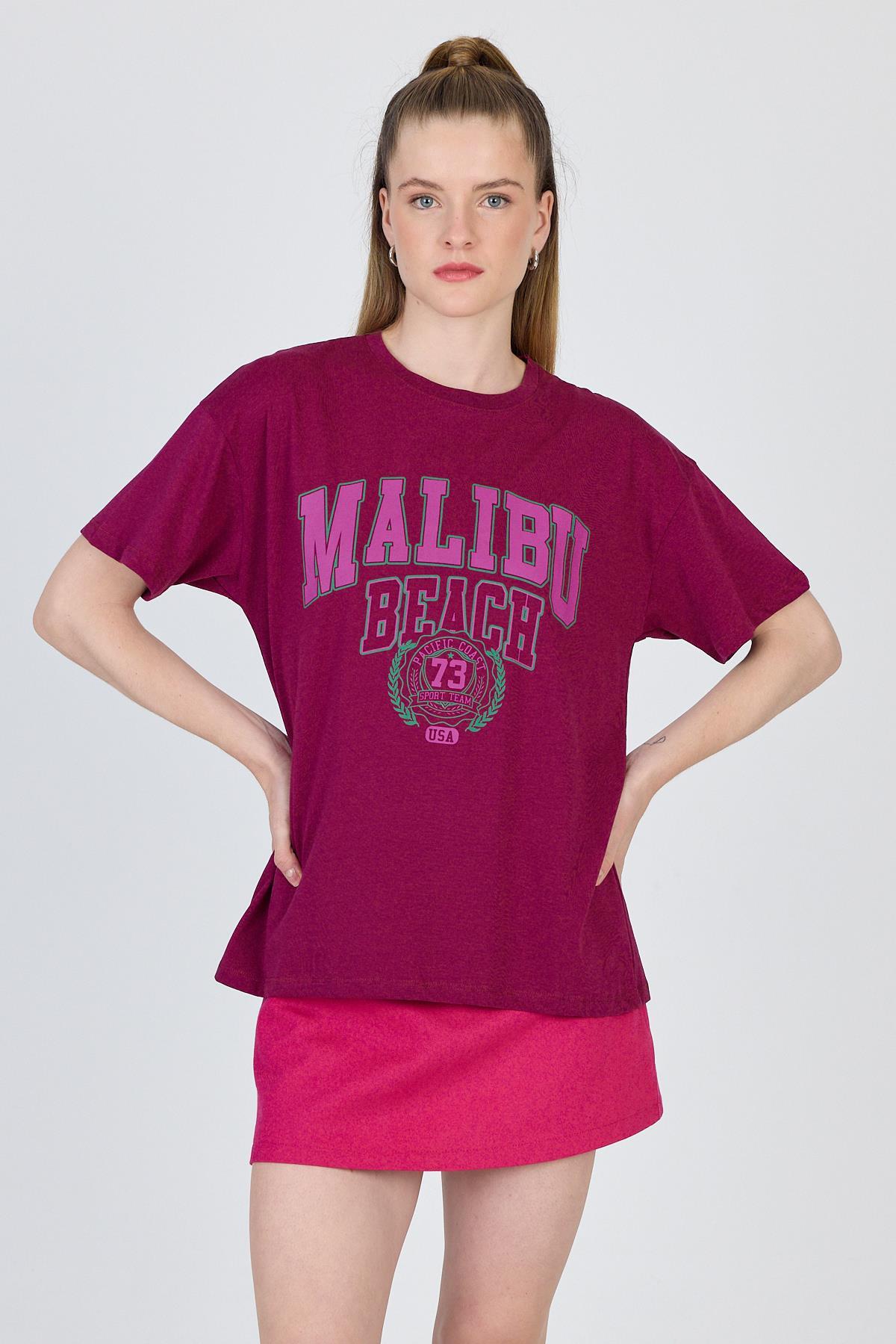 Bordo Yazı Baskılı %100 Pamuk Oversize Tişört 2150-17M - 2