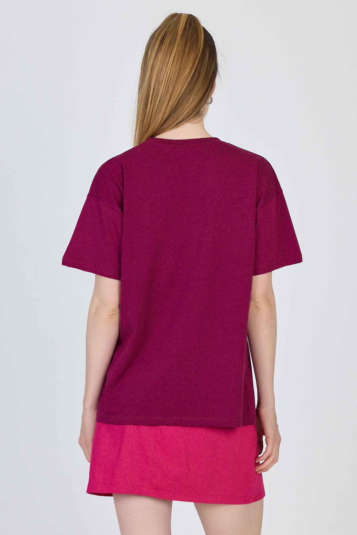 Bordo Yazı Baskılı %100 Pamuk Oversize Tişört 2150-17M - 5