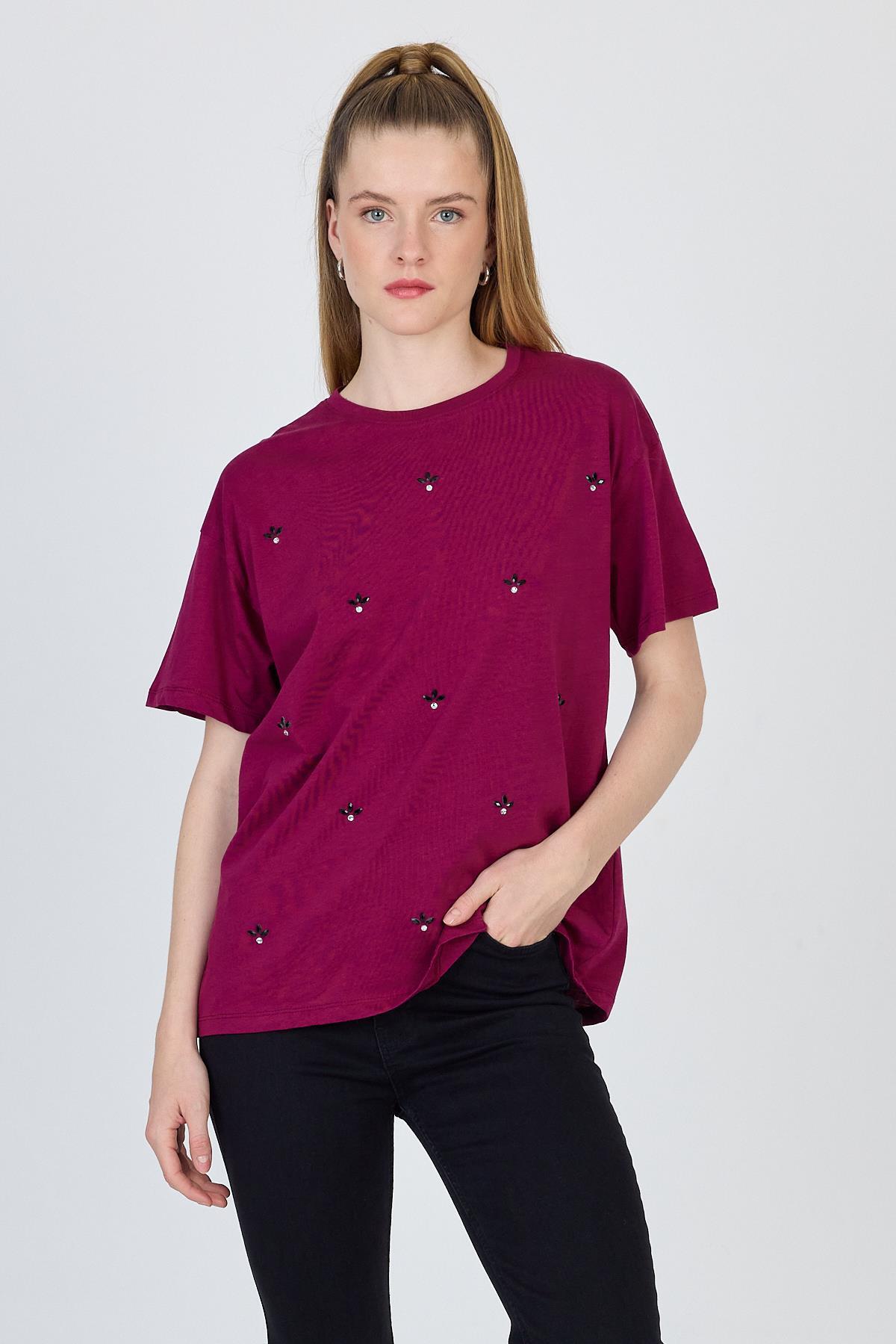 Bordo Yazı Baskılı %100 Pamuk Oversize Tişört 2150-18M - RAYS