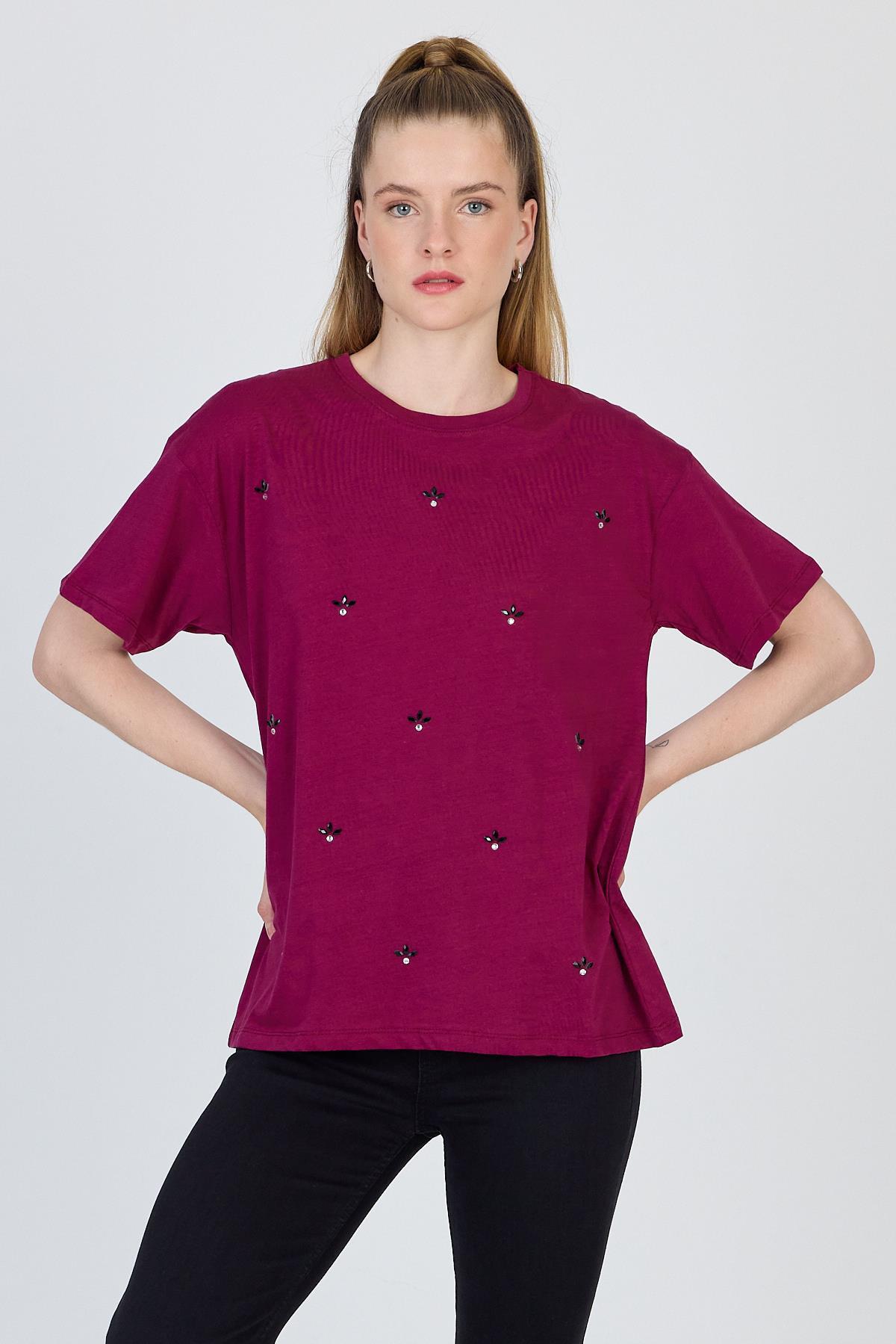Bordo Yazı Baskılı %100 Pamuk Oversize Tişört 2150-18M - RAYS