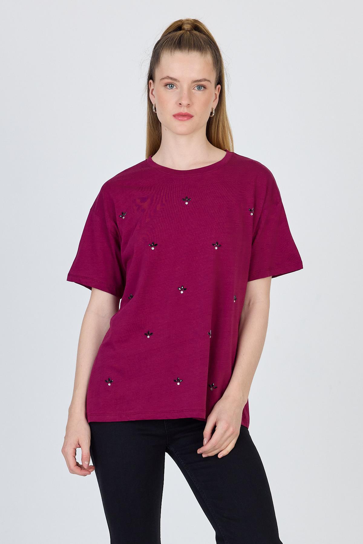 Bordo Yazı Baskılı %100 Pamuk Oversize Tişört 2150-18M - 2